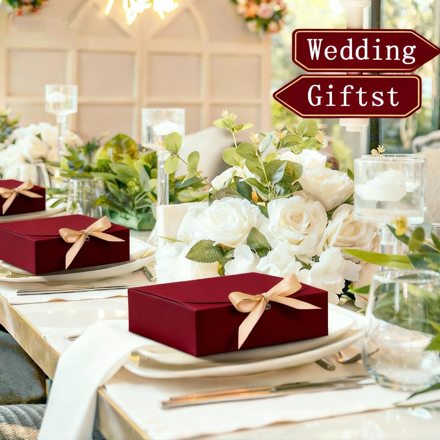WLUSEAXI Geschenkboxen mit Deckel, 16,5 x 16,5 x 5,1 cm, rote Geschenkboxen für Geschenke, Papierboxen mit Band für Geburtstag, Hochzeit, Party, Schokolade, Süßigkeiten, 10 Stück