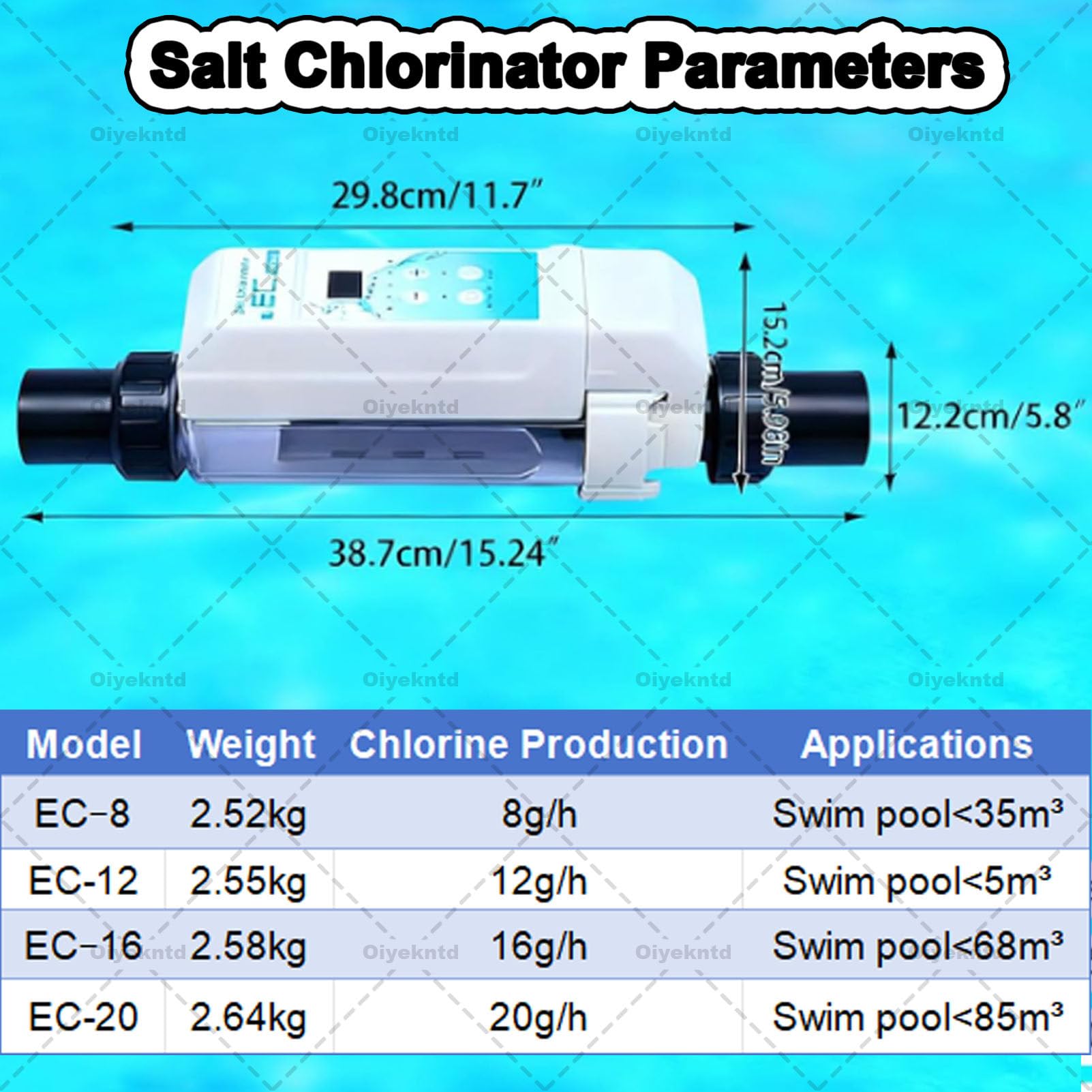 Generador electrolítico de cloro salino para piscinas, dispositivo de cloro autolimpiante, apto para piscinas de hasta 100 m³