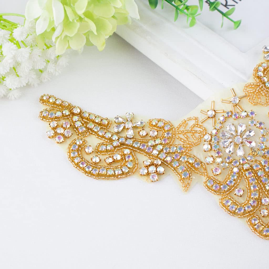 ShiDianYi Rhinestone Applique Gold Bridal Wedding Applique Crystal Pearl Diamante White Wedding Sash RA (AB Gold)