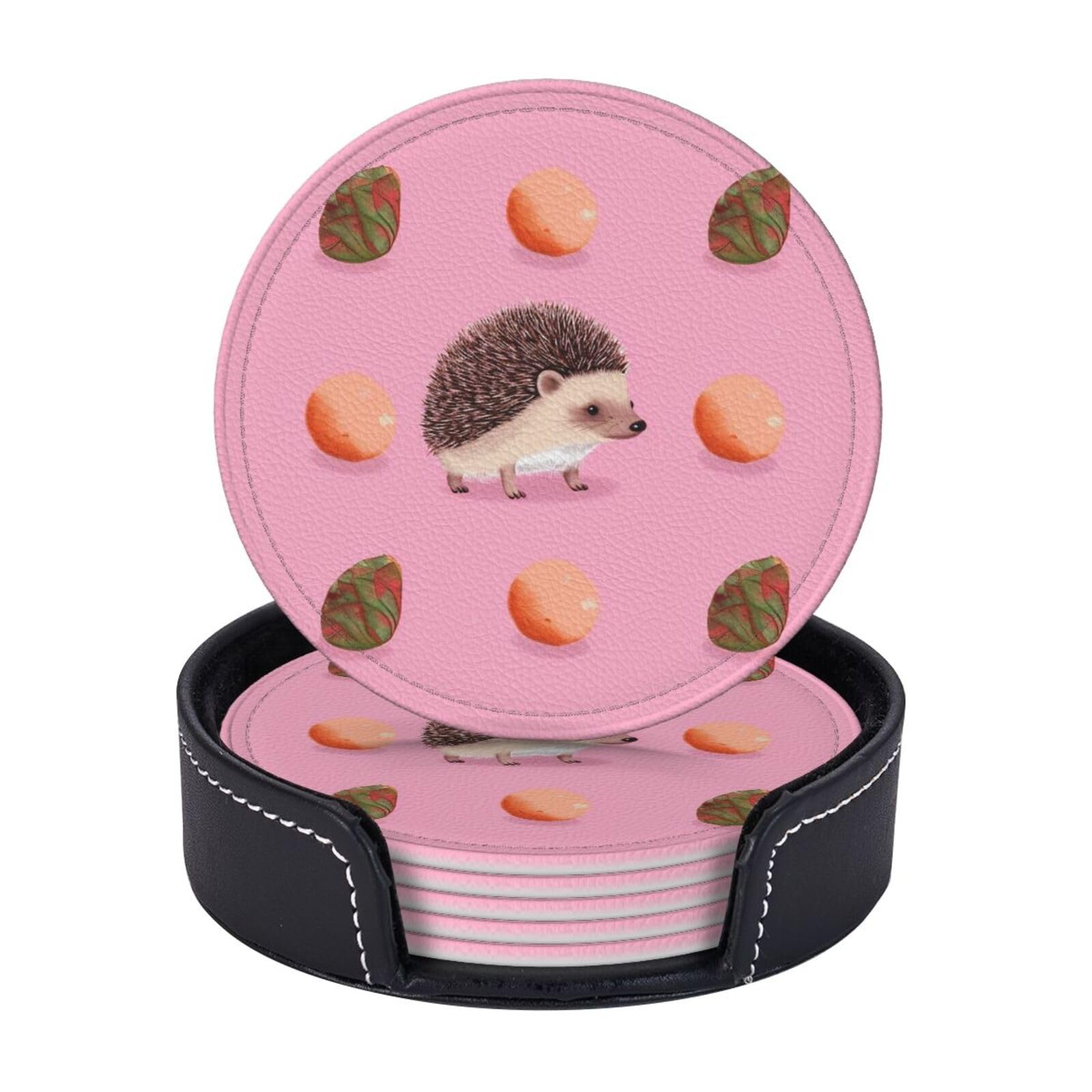 6PCS Drink Coasters with Holder, 4" Leather Coasters for Drinks, Little Hedgehog Cup Coasters for Coffee Table Decor, Non-Slip Drinking Cup Mat for Hot or Cold Drink