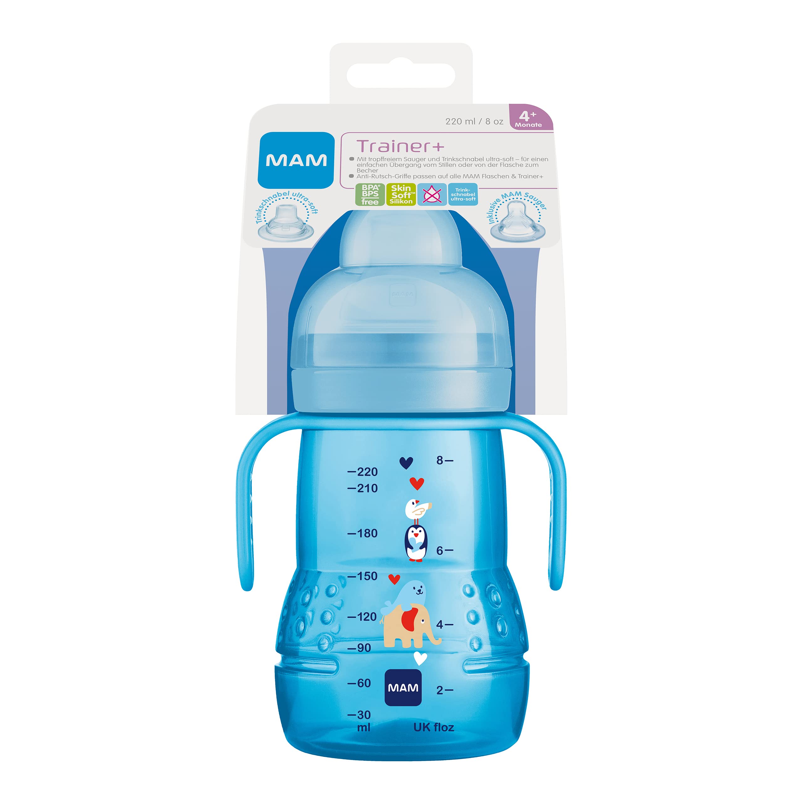 MAM Trainer+ 220 ml borraccia passaggio tazza con tettarella becco maniglia 4 mesi elefante