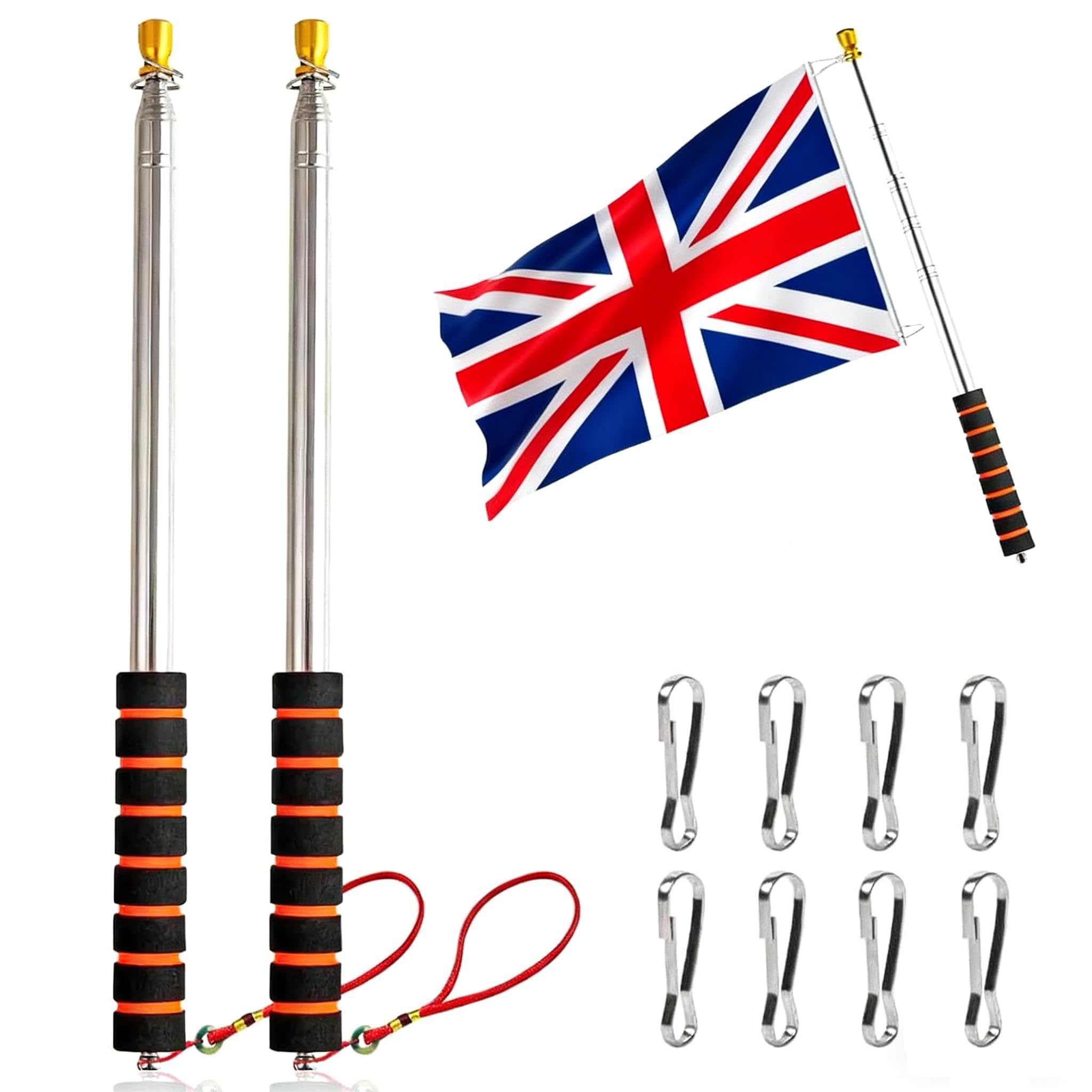 2 Pieces 3m Stainless Steel Telescopic Flag Pole, Handheld Flag Pole Flag Staff with Clips, Extendable Telescopic Flag Pole, for Camping, Travel, Outings, Competitions, Teachers and Tour Guides