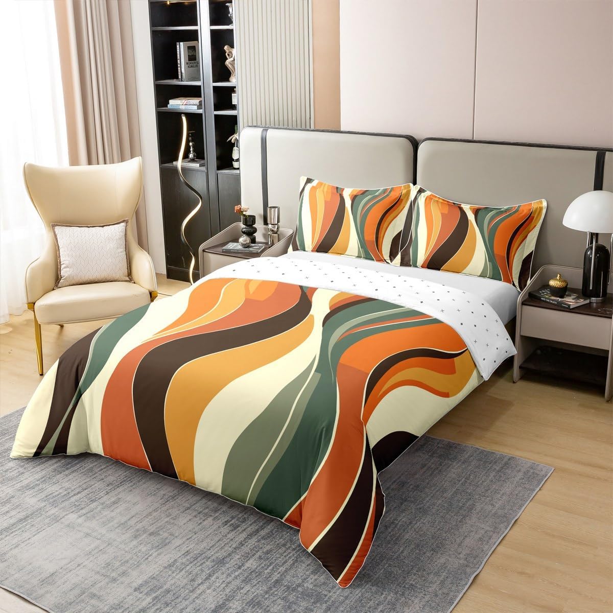 Homewish Colorful Stripes Queen Cotton Duvet Cover 3D Abstract Orange Green Brown Lines Bedding Set for Kids Teens Adults Modern Simple Geometric Spiral Quilt Cover with 2 Pillowcases(No Comforter)