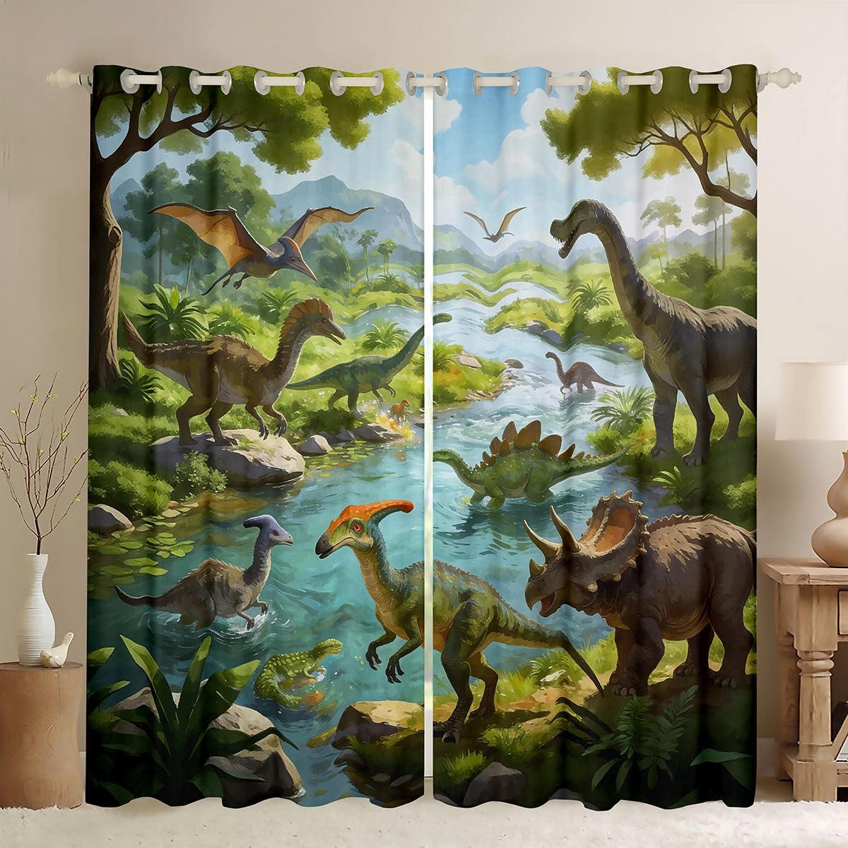 Manfei Rideaux de fenêtre pour enfants, thème animaux de la jungle, décoration de chambre à coucher, salle de jeux, rideaux de fenêtre dinosaures anciens, bleu vert, 2 panneaux, 117 x 137 cm (l x L)