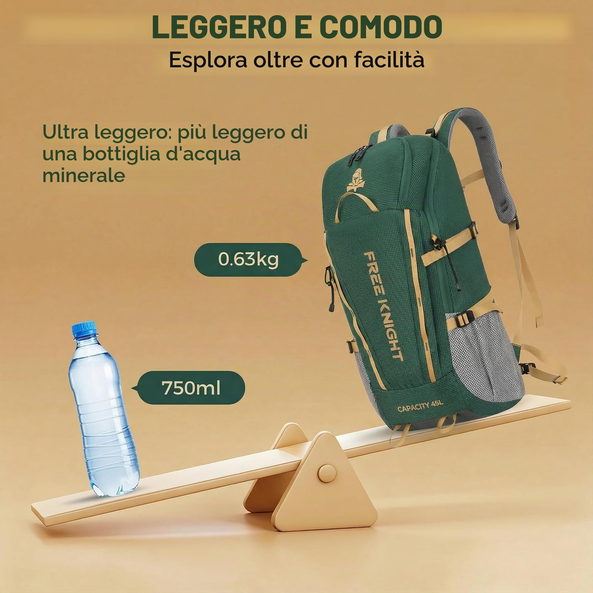 Bseash Zaino da campeggio impermeabile da 45 litri con copertura antipioggia, zaino da viaggio per sport all'aria aperta per arrampicata, sci, ciclismo