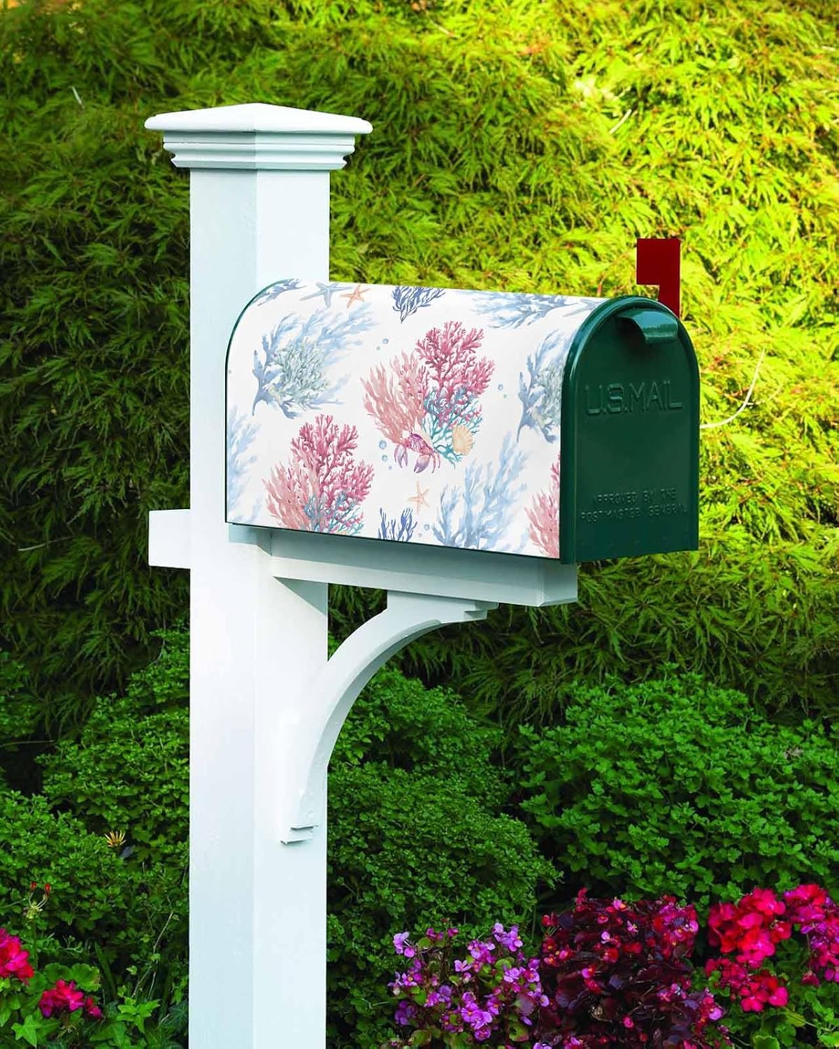 Pink Blue Coastal Mailbox Covers Magnetic Standard Size, Ocean Coral Summer Beach Nautical Decorative Post Letter Numbers Box Wrap Decoration Covers Small Accessories for Garden Yard Outdoor Décor