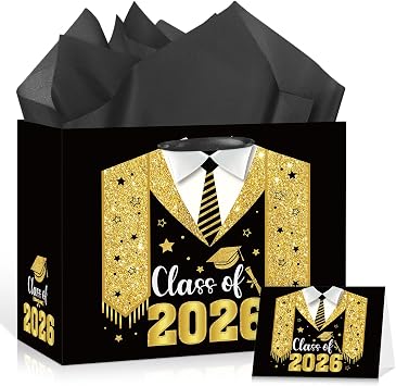 Class Of 2026 Graduation Gift Bag Black Gold Congrats Grad Gift Bag 8th Grade Graduation Wrapping Paper Card 5th Grade Graduation Party Favor Bag College High School Junior Kindergarten Graduate Season Decor