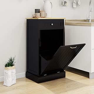 Tilt Out Trash Bin, Wooden Free Standing Recycling Cabinet with Hideaway Drawer, Perfect for Farmhouse Kitchen, Living Room, Dining Room (Black, 10 gallon)