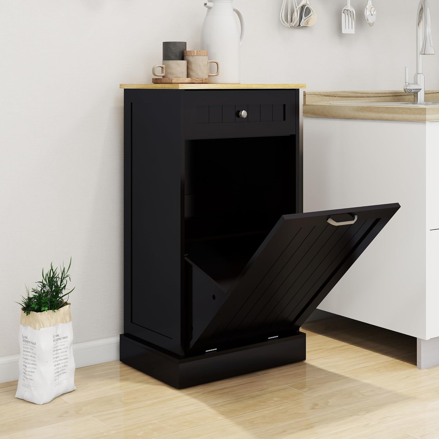 Tilt Out Trash Bin, Wooden Free Standing Recycling Cabinet with Hideaway Drawer, Perfect for Farmhouse Kitchen, Living Room, Dining Room (Black, 10 gallon)