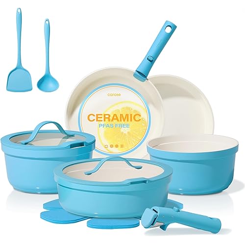 CAROTE 15pcs Pots and Pans Set,Ceramic Cookware Sets Non Stick with Detachable Handle, Induction Kitchen Pots and Pans,RV Cooking Set, Oven/Dishwasher/Fridge Safe, Space Saving