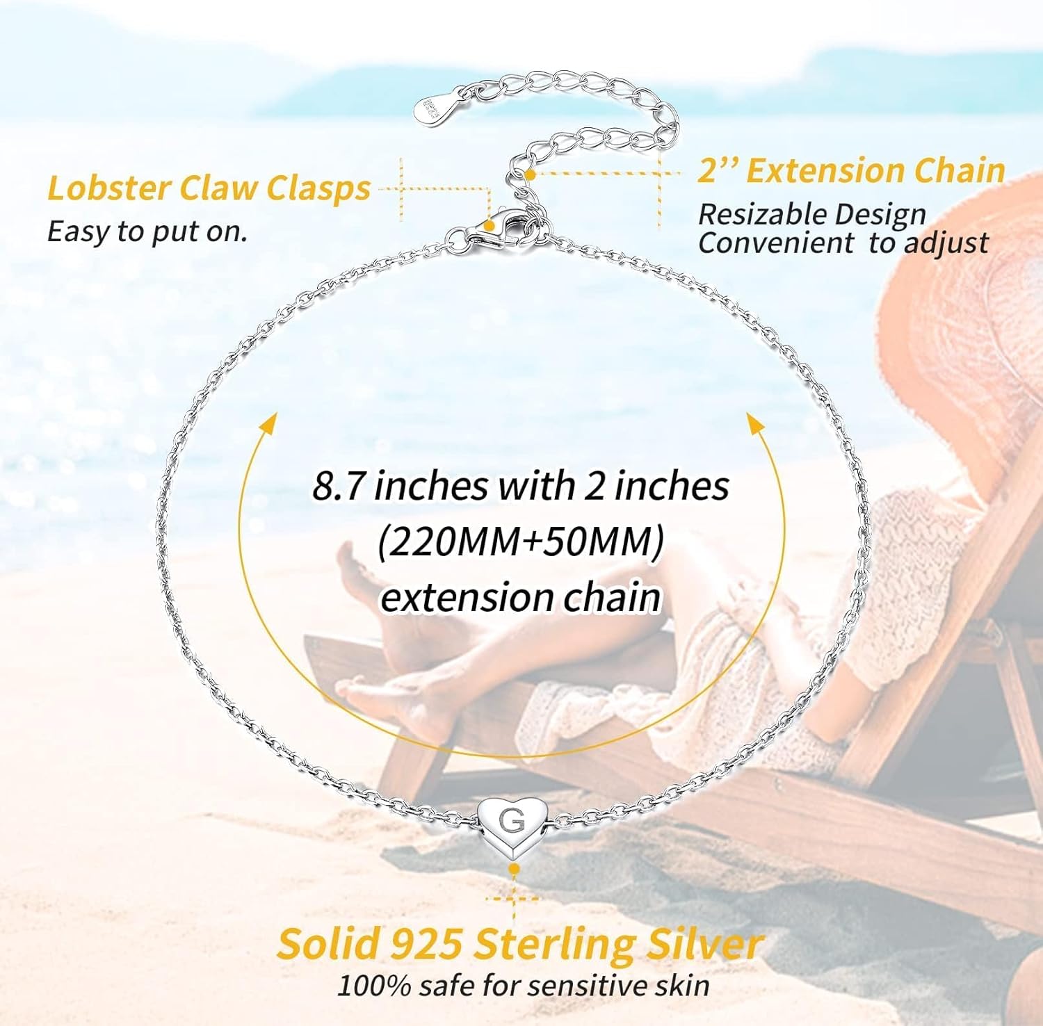 ChicSilver 925 Sterling Silver Initial Anklets for Women Dainty Beach Heart Ankle Bracelet Foot Jewelry-Adjustable Size(with Gift Box) - Image 6