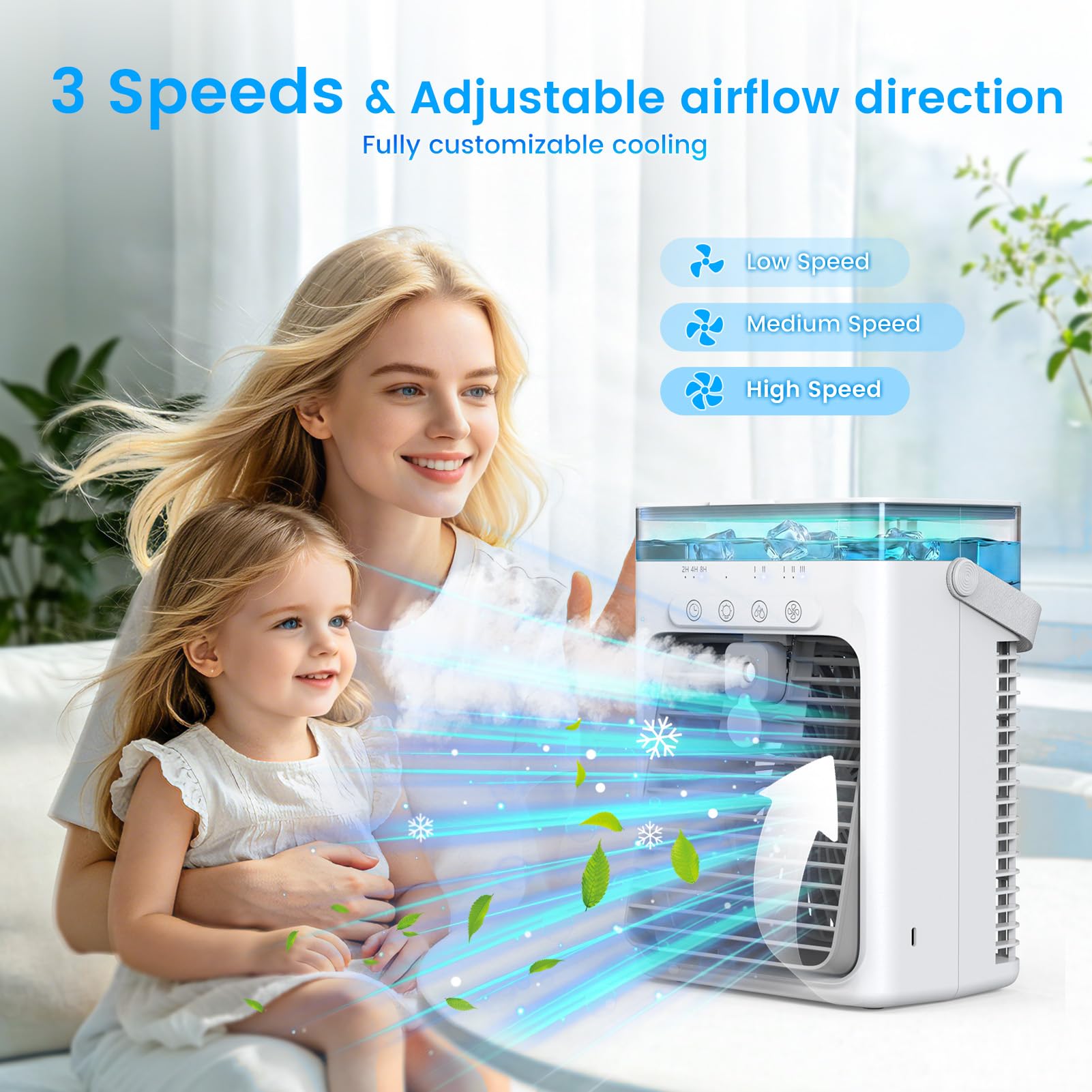 Tragbare Klimaanlagen, 4 in 1 Mini AC Klimaanlage mit 1000 ml Wassertank, 3 Geschwindigkeiten, 2 Nebelmodi, 2/4/8H Timer, Umgebungslicht, USB Verdunstungsluftkühler, Kühlventilator für Camping, Zimmer