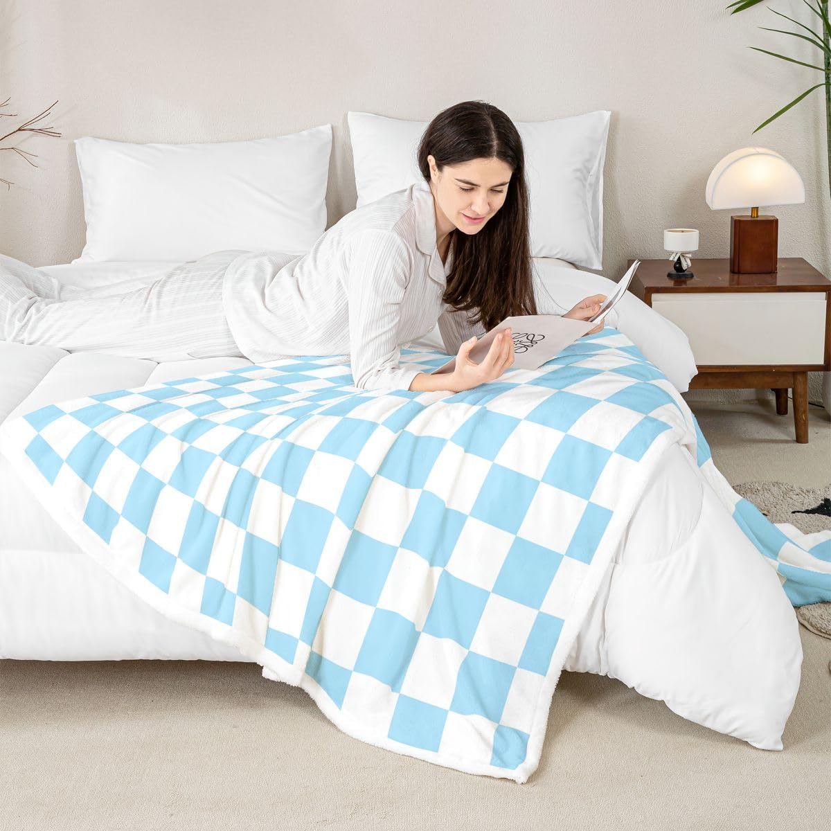 Castle Fairy Buffalo Plaid Grid Throw Blanket for Kids,Aesthetics Gingham Fleece Throw Blanket for Bedroom Sofa Dorm Decor,White Blue Checkered Lightweight Bed Blankets,40 x 50 Inches image 4