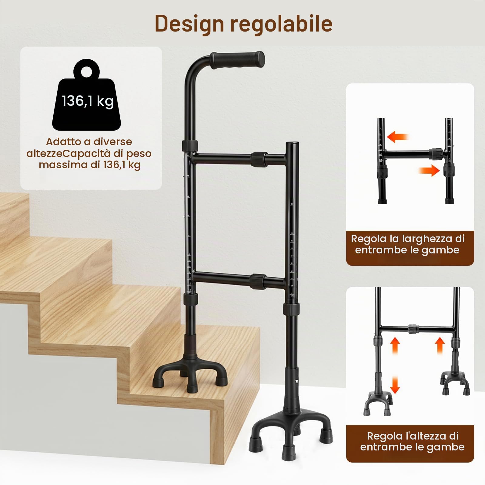 Bastone Passeggio, Ausilio Per Salire Le Scale Stampelle Per Anziani Altezza (85-115Cm) E Larghezza (22-36Cm) Regolabili Base Quadrupla Versatile Bastone Passeggio/Ausilio Salire Scale Design 2 In 1