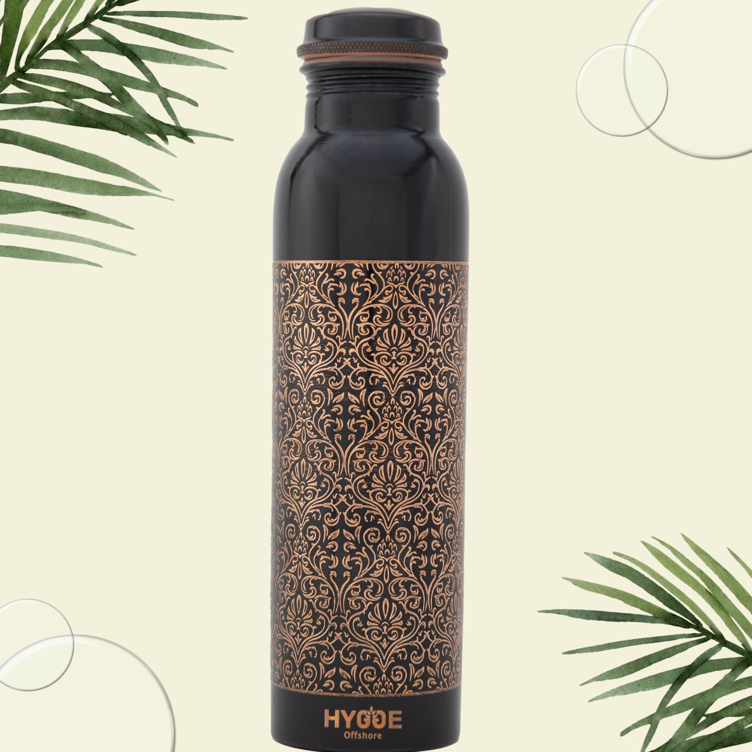 Hygge Copper Water Bottle 34Oz - Leak Proof - Ayurvedic Copper Bottle, Perfect Ayurvedic Copper Vessel For Sports, Fitness, Yoga - Natural Health Benefits - Engraved Antique D1