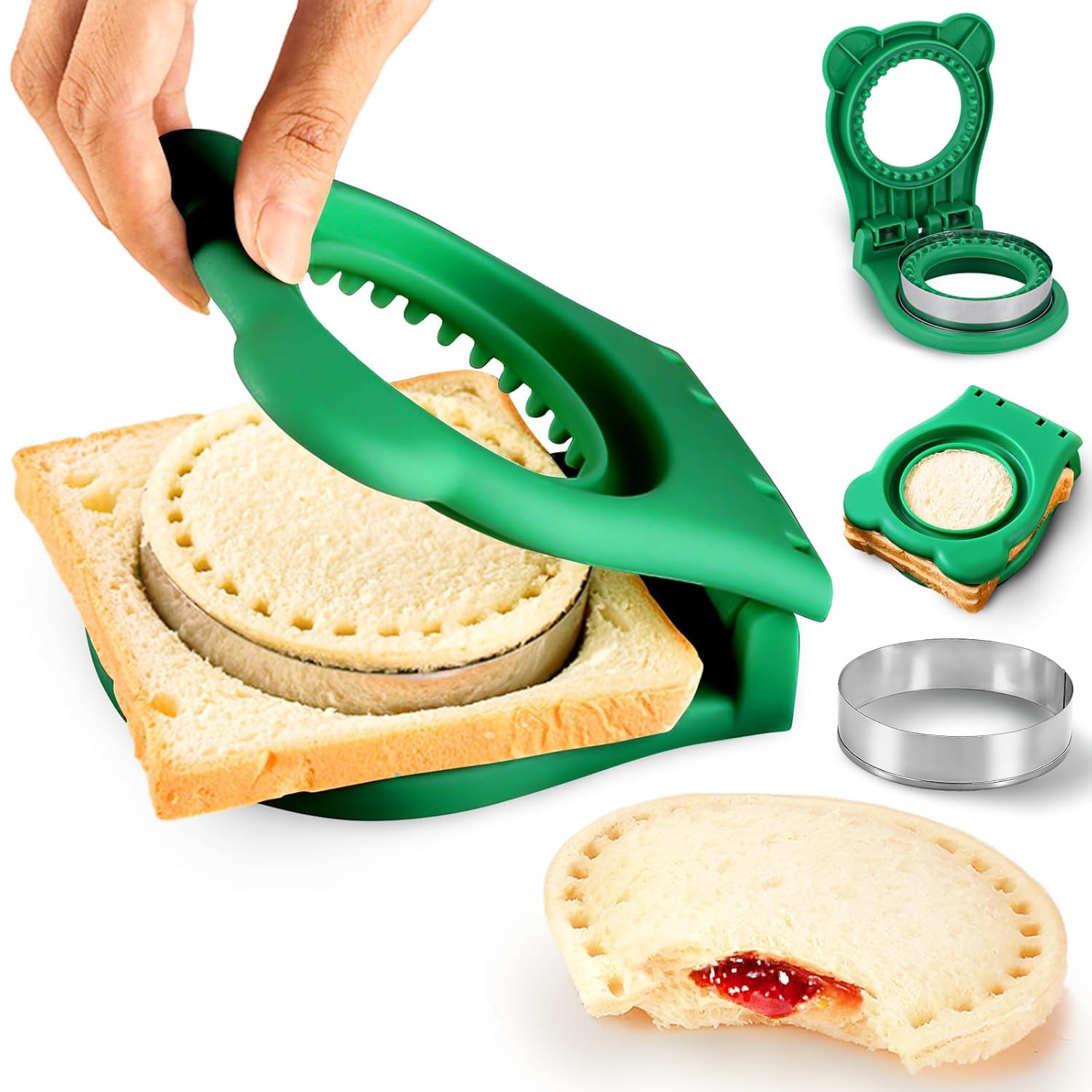 Uncrustable Sandwich Maker and Sealer Set Crustless Sandwich Press Mold Cookie Bread Pancake Maker Green Round Shape for Bread