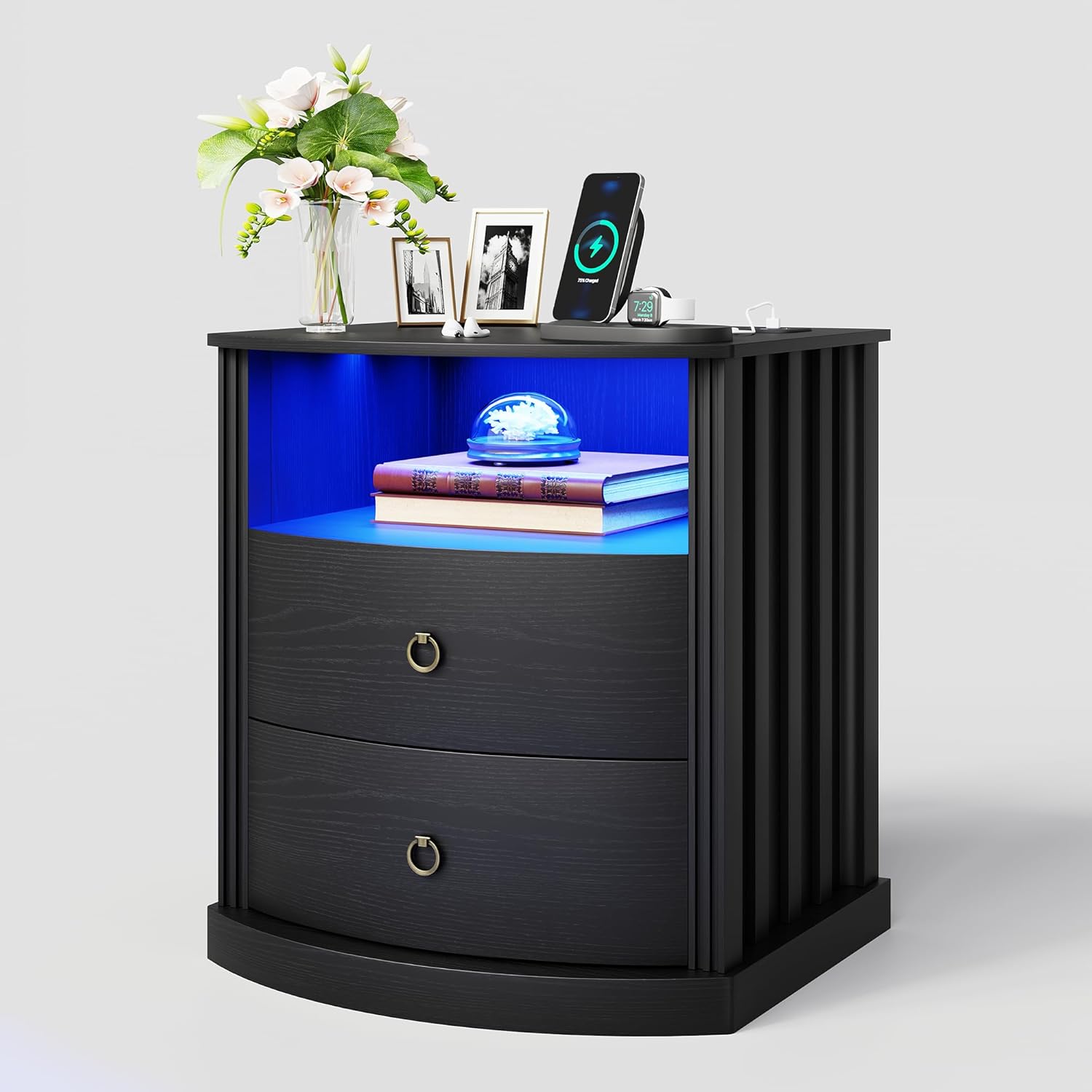 Black Nightstand with LED Lights and USB/Type-C Ports, Smart Night Stand with 2 Drawer & Open Shelf, Large Wood Bedside Table, Modern Curved End Side Sofa Table for Bedroom