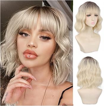 Wig for Women Synthetic Short Bob Wig with Bangs Womens Blonde Wave Curly Wig with Black Root Natural Heat Resistant Synthetic Bob Wig Wig