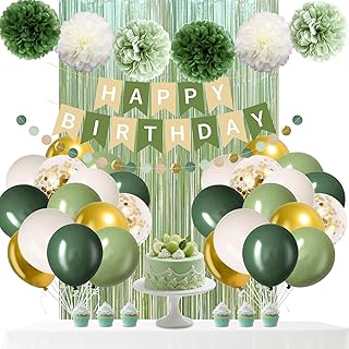 Décorations d'anniversaire vert sauge, ballons latex, pompons, rideaux en aluminium, bannière HAPPY BIRTHDAY, pour femmes, Homme Jeune et Vieux