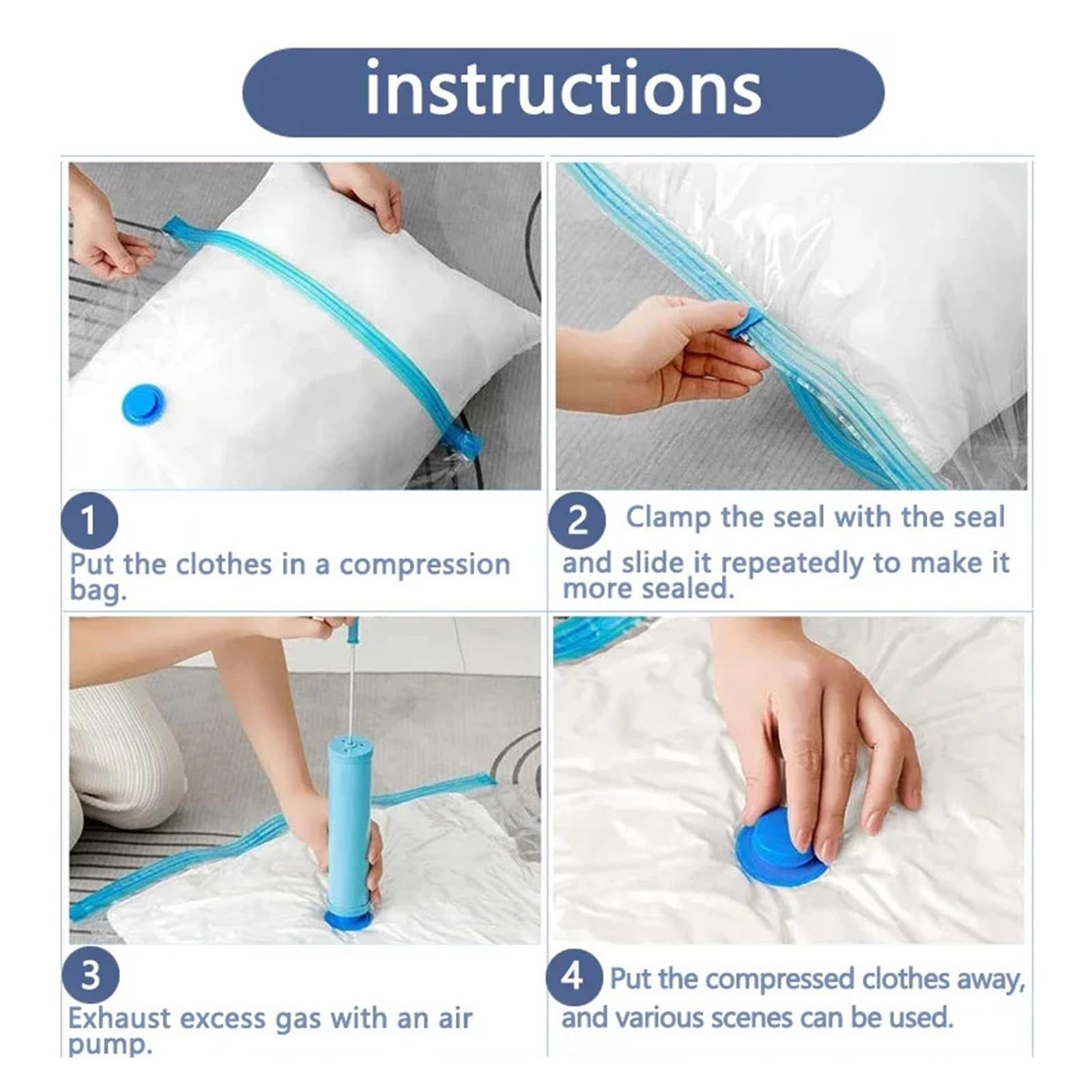 Bolsas al vacío Bolsas de almacenamiento de compresión al vacío con bomba manual, bolsas de sellado reutilizables for ropa de cama, más del 80% de espacio de almacenamiento(5XBags without pump,60x80)