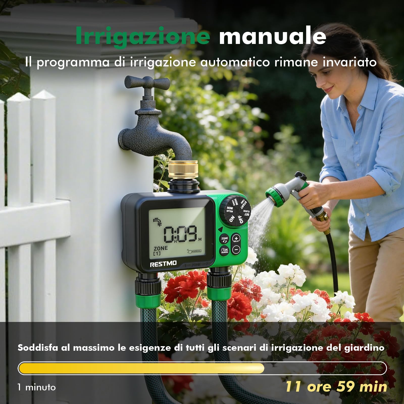 RESTMO Computer di Irrigazione 2 Zona, Timer Irrigazione con Display Grande | Automatico/Manuale/Ritardo Pioggia (12/24/48/72H), Timer per Tubo da Giardino, Rubinetto Esterno