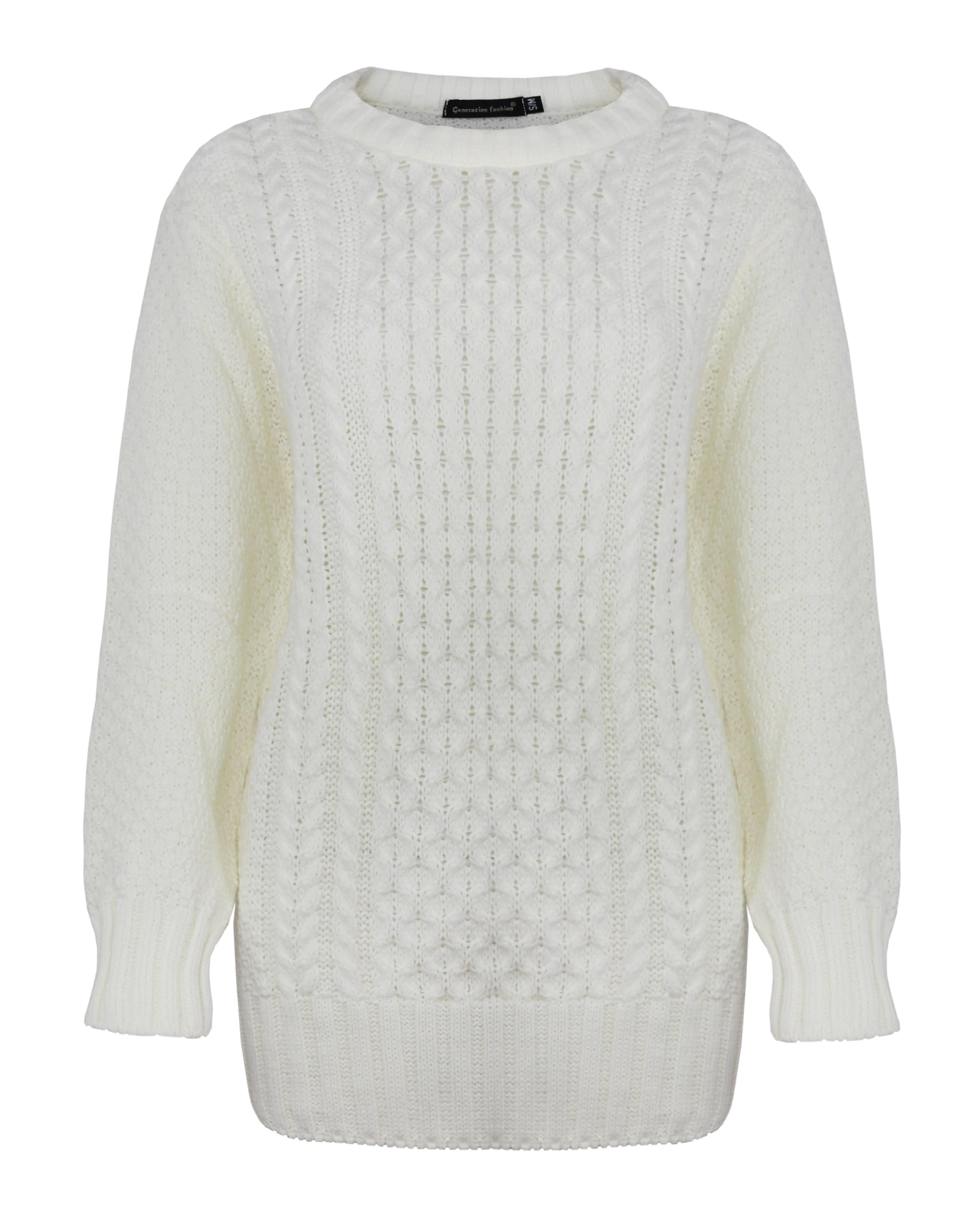 Generation Fashion Women's Cream New Long Sleeve Knitted Jumper Cable Knit Sweater Crew Neck Pullover Top Plus Size [,S-M]
