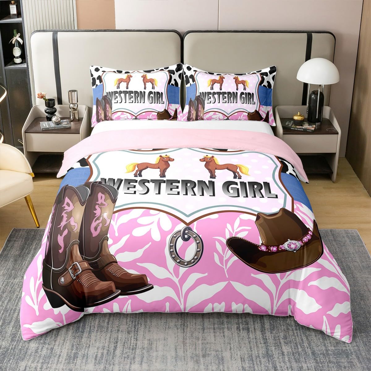 2PCS Cowgirl Duvet Cover Single Size,Cartoon Horse Animal Comforter Cover with 1 Pillowcase,Western Tribal Boots Hat Bedding Set for Kids Bedroom Decor,Milk Cow Skin Print Quilt Cover,Not Comforter