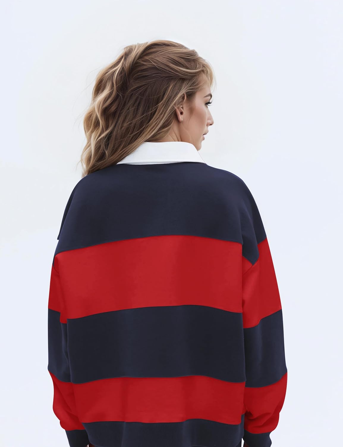 Women Striped Color Block Polo Sweatshirt Lapel Collared Long Sleeve Oversized Rugby Shirt 2025 Trendy Fall Clothes - Image 4