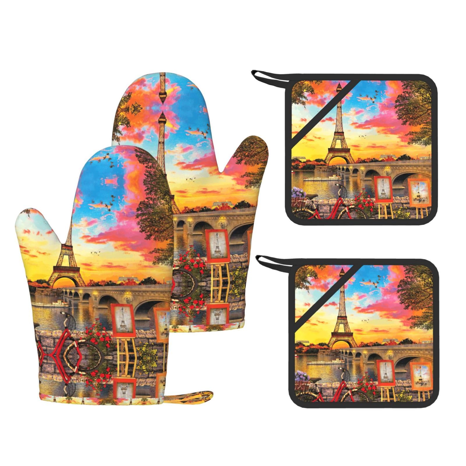 Eiffel Tower Paris Printed Oven Gloves and Hot Pads Set of 4, High Heat Resistant Silicone Mitts for Cooking BBQ