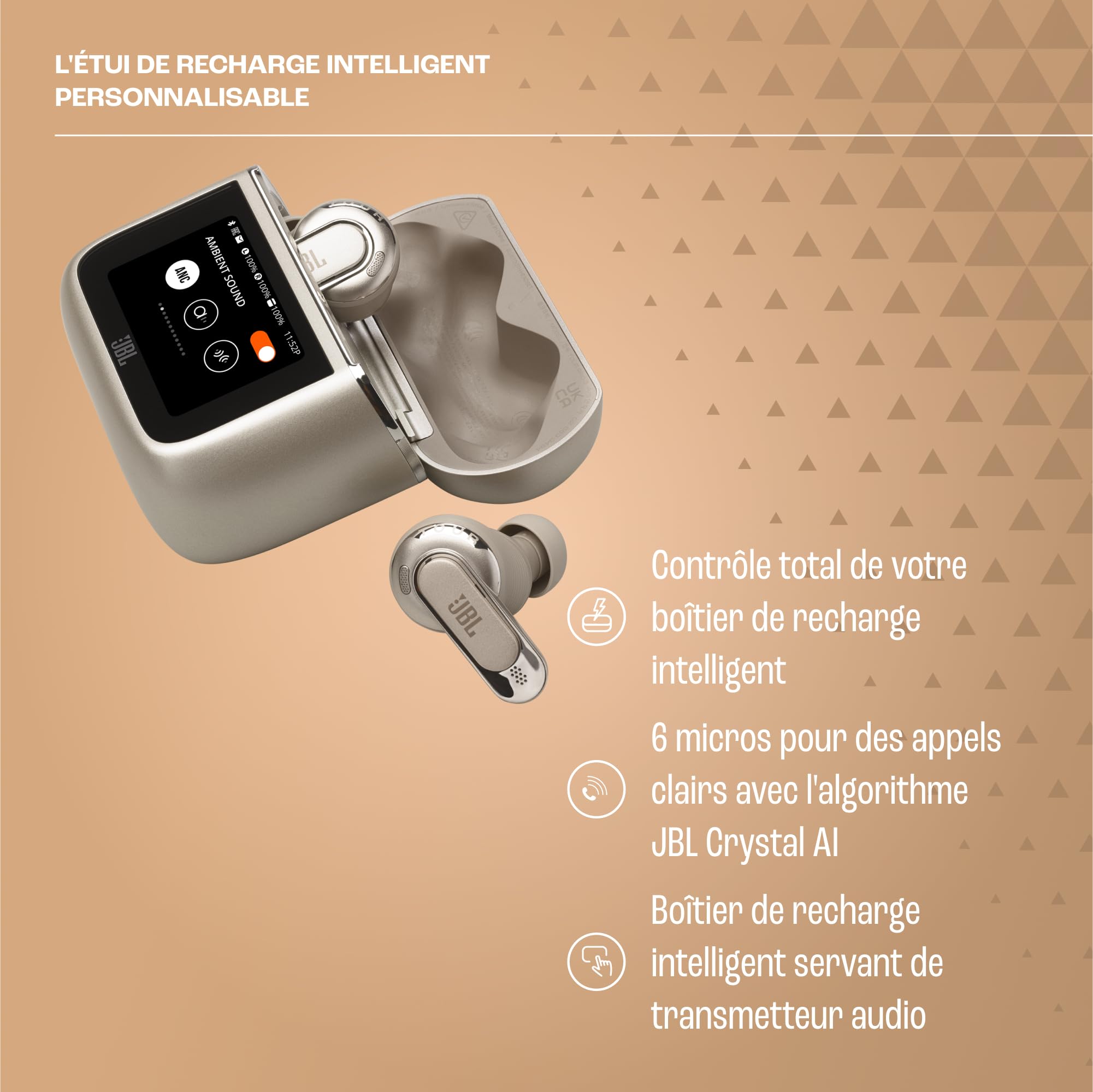 JBL Tour Pro 3, Écouteurs sans Fil avec Réduction de Bruit, Marron | Smart Charging Case, 44 Heures d’Autonomie, Bluetooth 5.3, JBL Spatial 360 Sound avec Suivi des Mouvements de la Tête