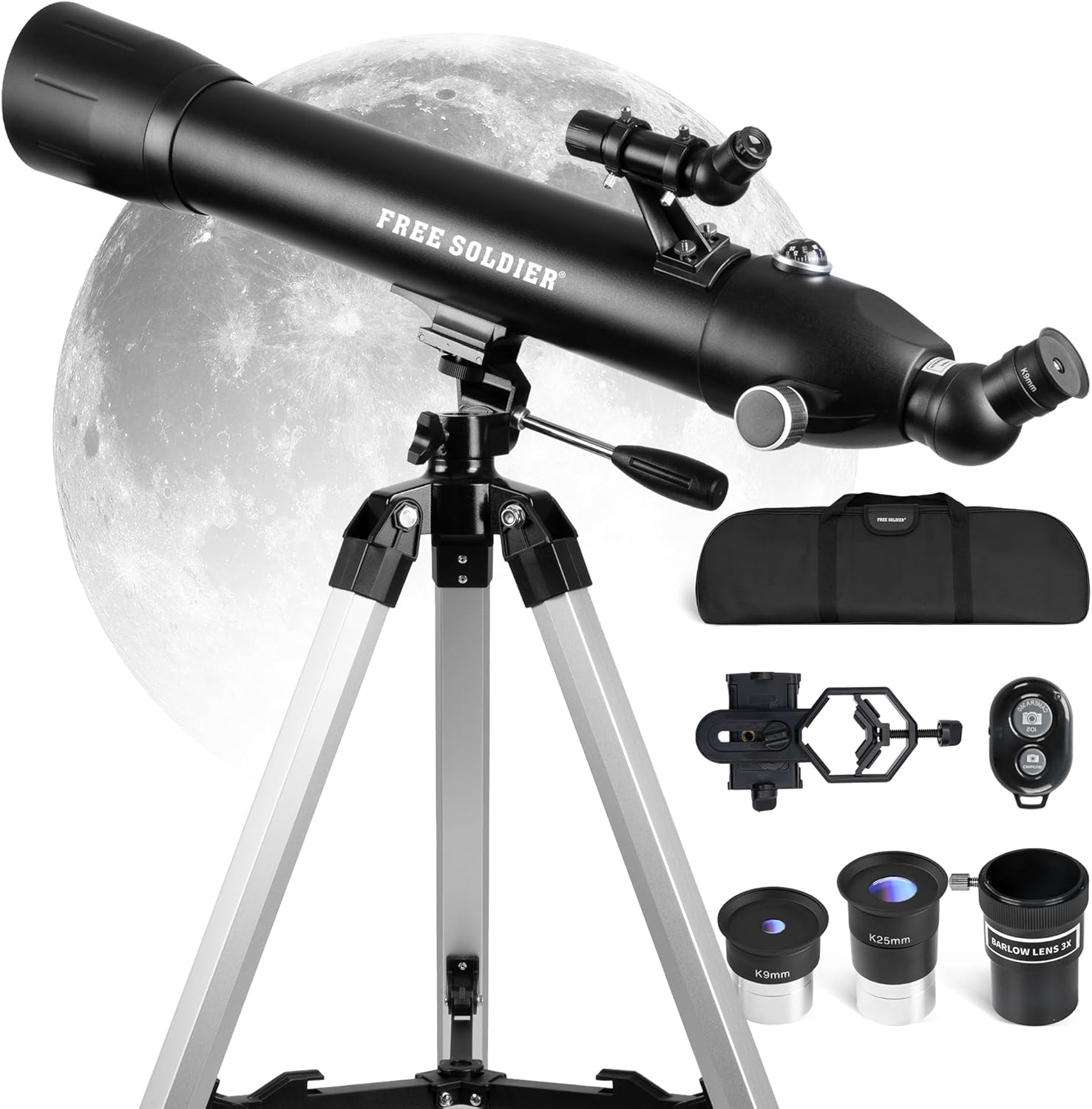 FREE SOLDIER Telescope for Adults High Powered 90mm Aperture 700mm Refractor Telescope for Astronomy Enthusiasts (28X-234X) with Classic Stable Tripod Base & Smartphone Adapter (Black)