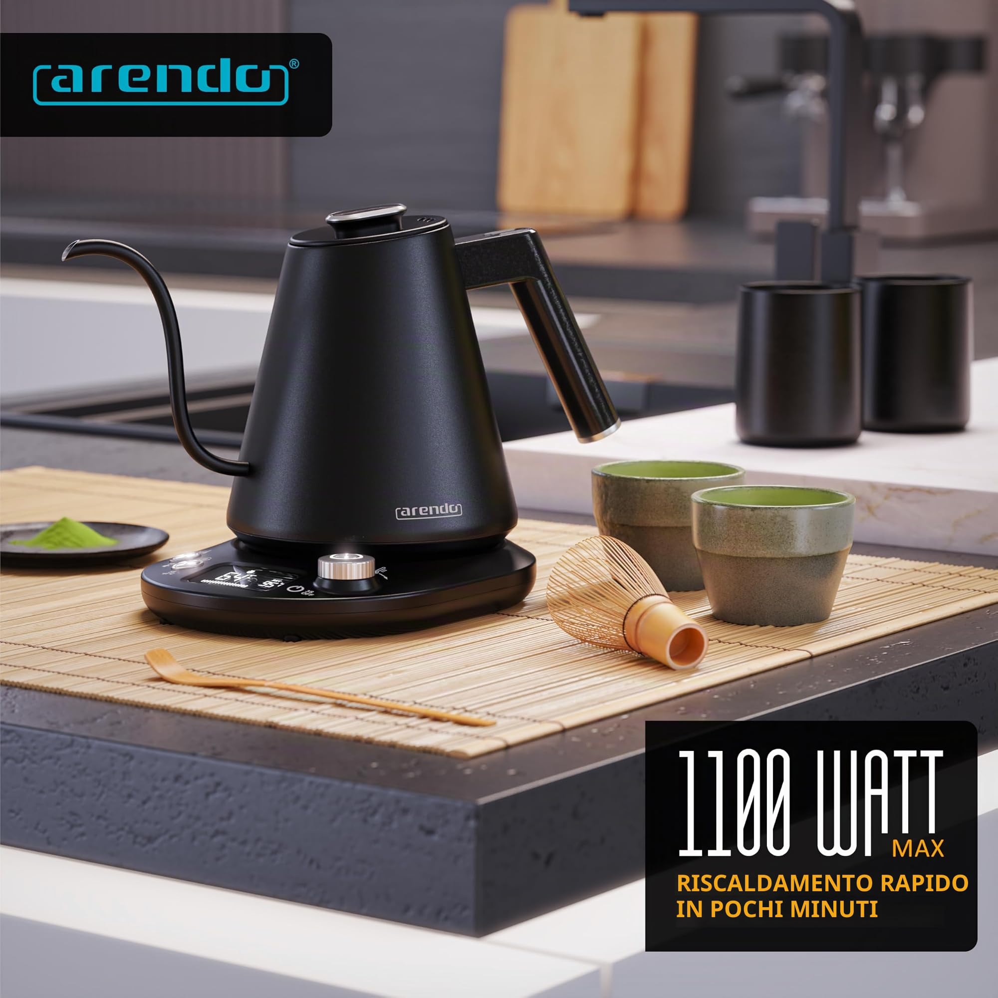 Arendo - Bollitore in acciaio inox con regolazione della temperatura - 1100 Watt - da 40° a 100° - Funzione di mantenimento in caldo 2 ore - 1 litro - Design bollitore - Indicatore di temperatura