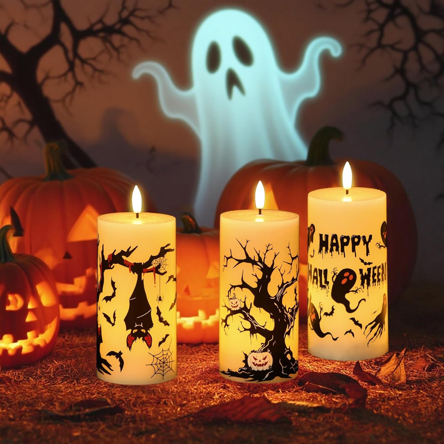 Halloween Decorations Ghost Bat Flameless Halloween Candles with 6H Timer, Battery Operated LED Candles for Halloween Decor Indoor