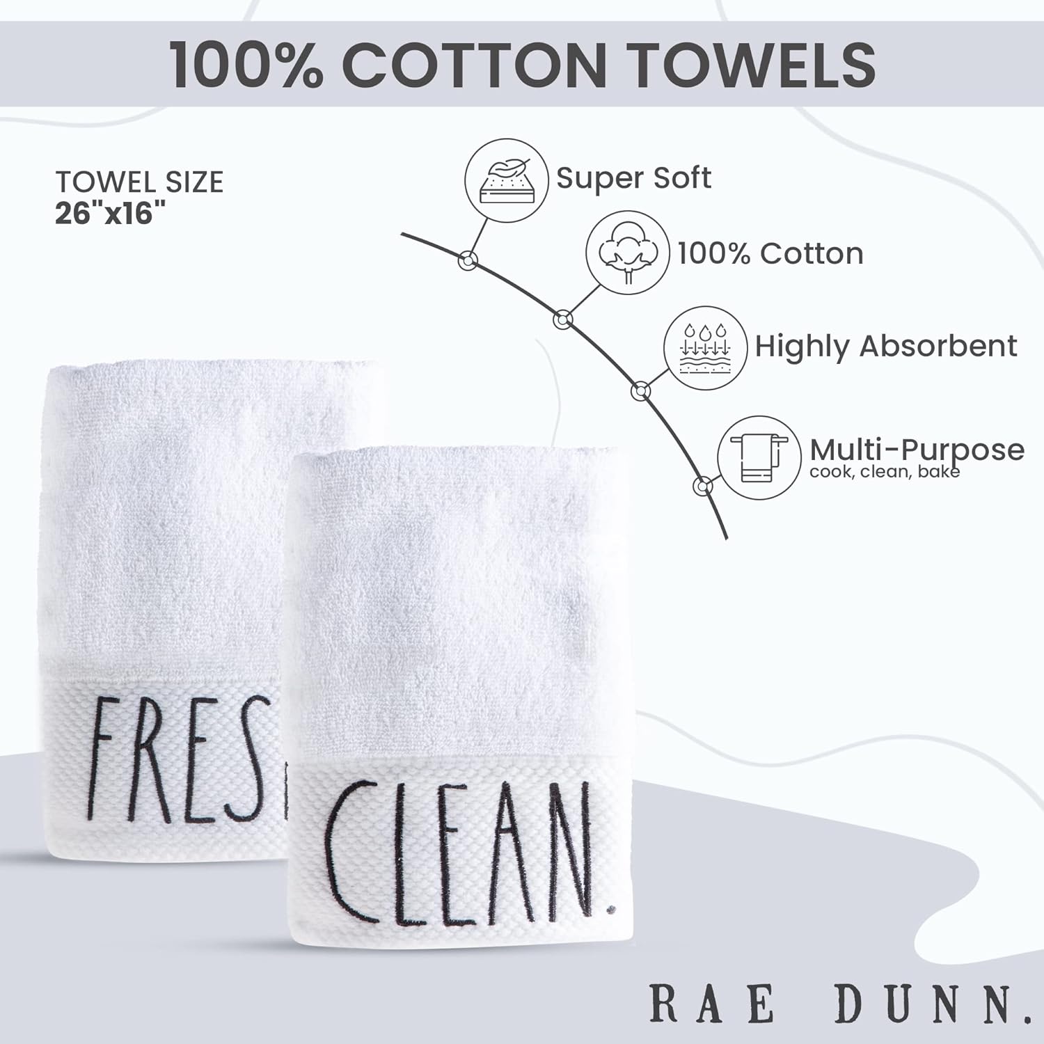 Rae Dunn Hand Towels, Embroidered Decorative Hand Towel for Kitchen and Bathroom, 100% Cotton, White- Fresh/Clean, 16"x 28" - Image 4