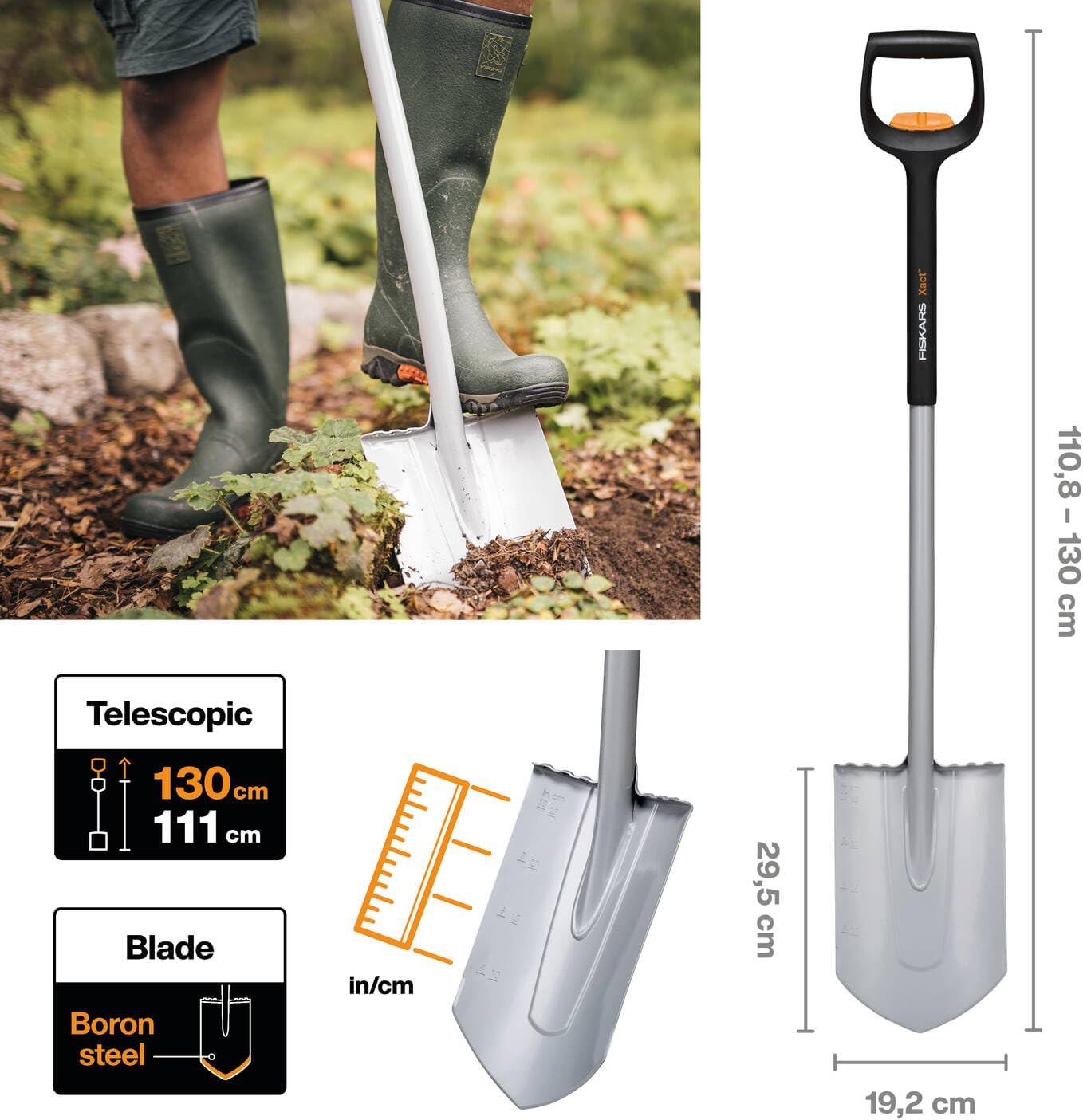 Fiskars telescopic shovel for heavy, rocky soils, pointed, length: 111 - 130 cm, reinforced boron steel blade, black/orange, Xact, 1066732