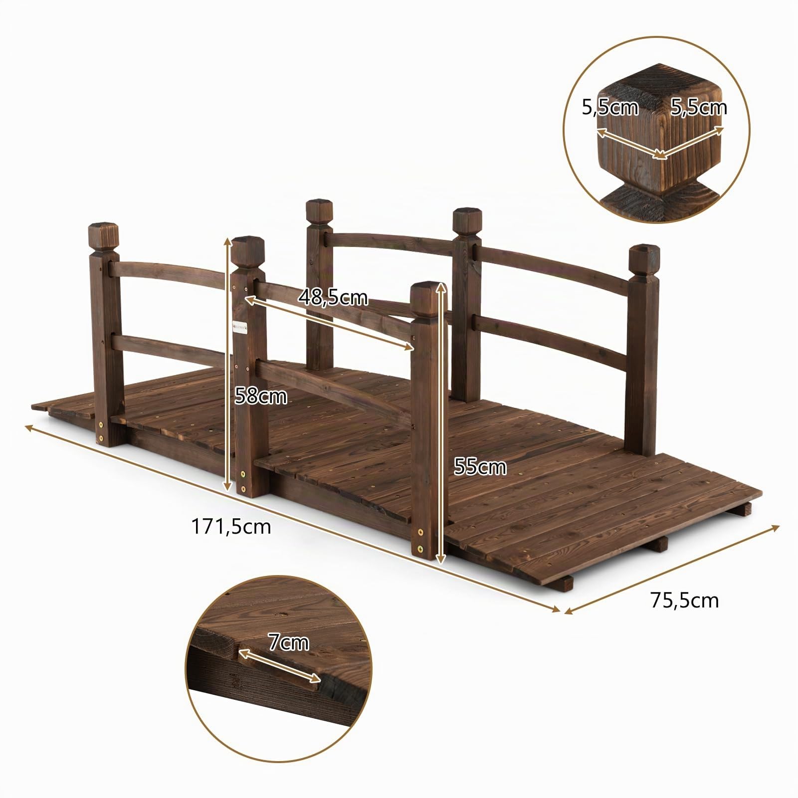 GOPLUS Puente de Madera para Jardín de Abeto con Barandilla, Puente de Estanque Soporta hasta 150 kg, Puente Decorativo Marrón para Estanque, Jardín y Patio, 172 x 75 x 58,5 cm