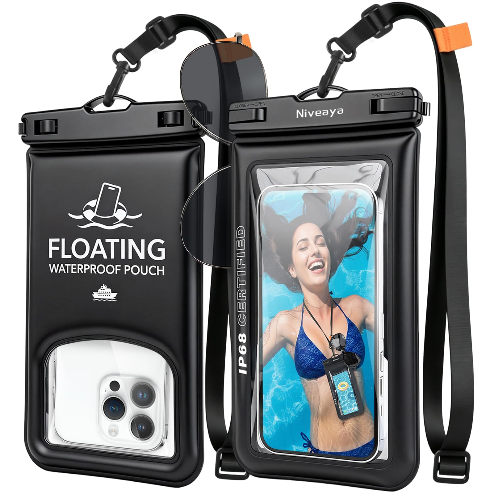 Niveaya 2 Pack Floating Waterproof Phone Pouch, IP68 Waterproof Phone Case with Lanyard for iPhone 17 16 15 Pro Max, Touchscreen & Photography, Cellphone Dry Bag Beach Cruise Essentials(up to 8.5")
