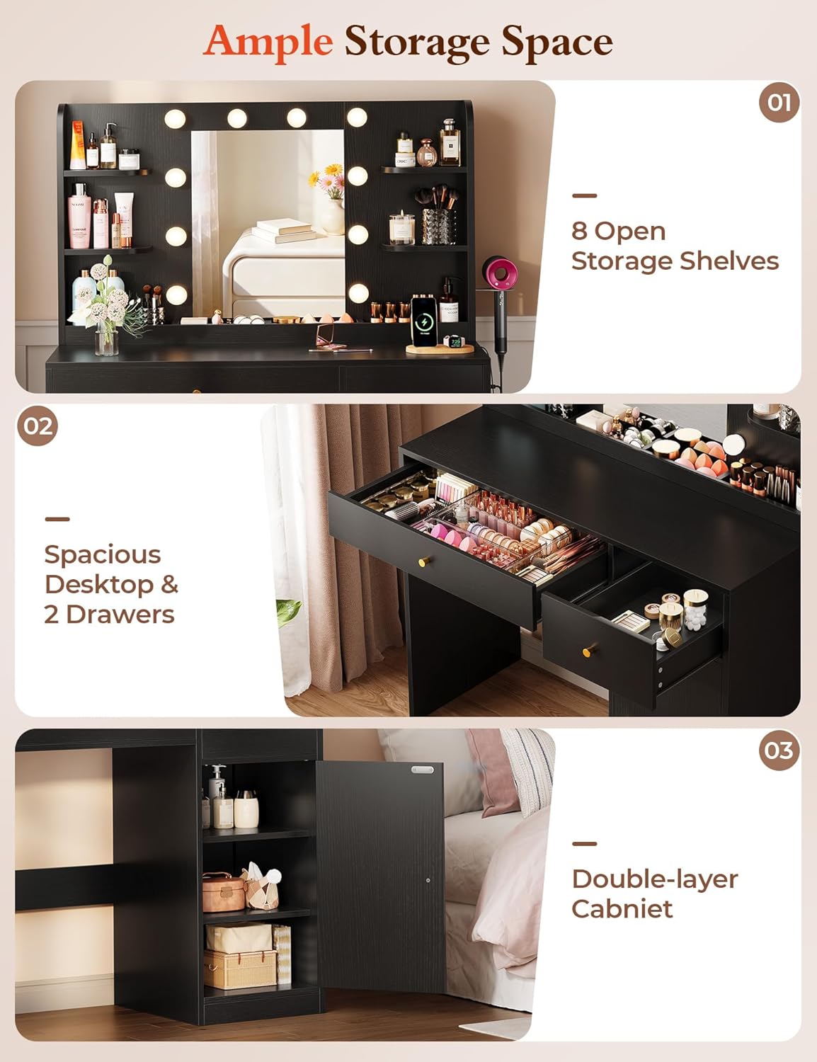 Vanity Desk with Mirror and Lights, 35" Makeup Vanity with 2 Drawers, Storage Cabinet, 8 Open Shelves, 3 Lighting Modes Adjustable Brightness, Power Outlet, Dressing Table for Bedroom, Black