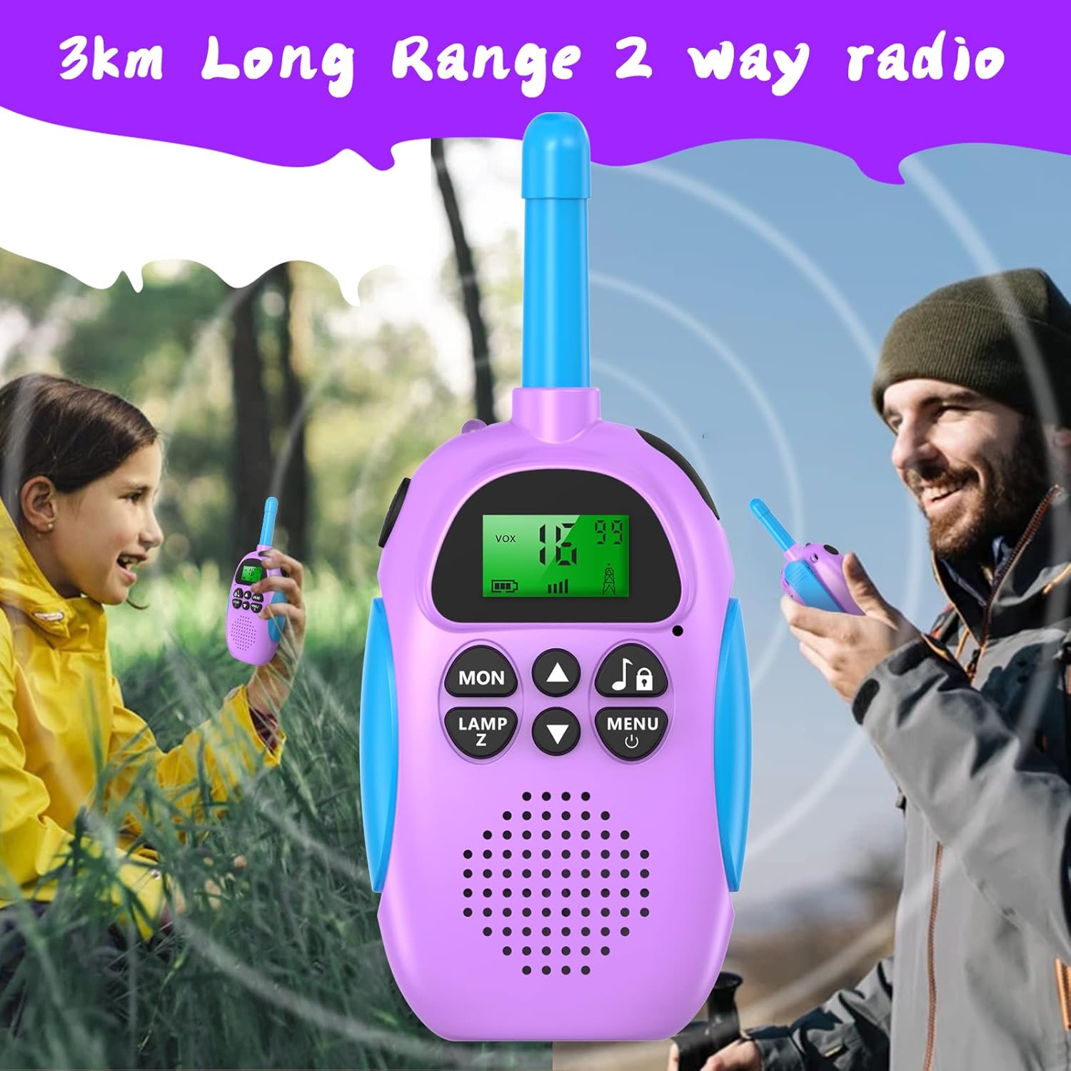 CHAKEYAKE Walkie Talkies for Kids Adult, 2 Pack Rechargeable Kids Walkies Talkies, 3km Long Range, 22 Channels, Indoor Outdoor Toys for Camping, Hiking, Family Games, Toys for Boys Girls Ages 3-12