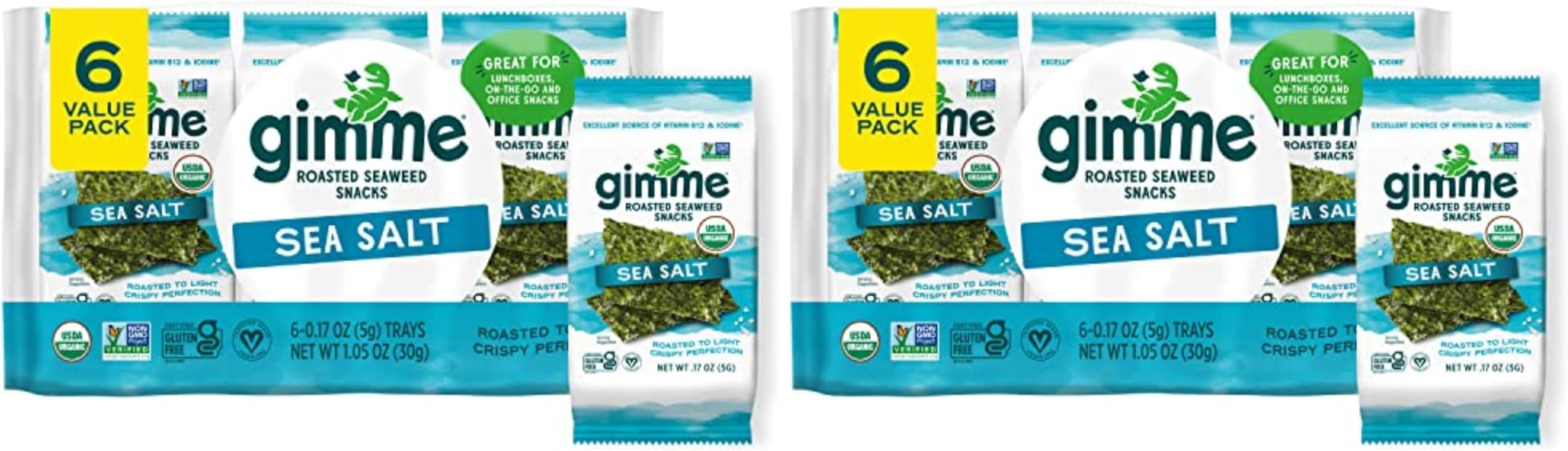 gimMe Seaweed, Sea Salt, 6 Count, Pack of 2 | Organic | Keto & Vegan | Gluten Free | Source of Iodine