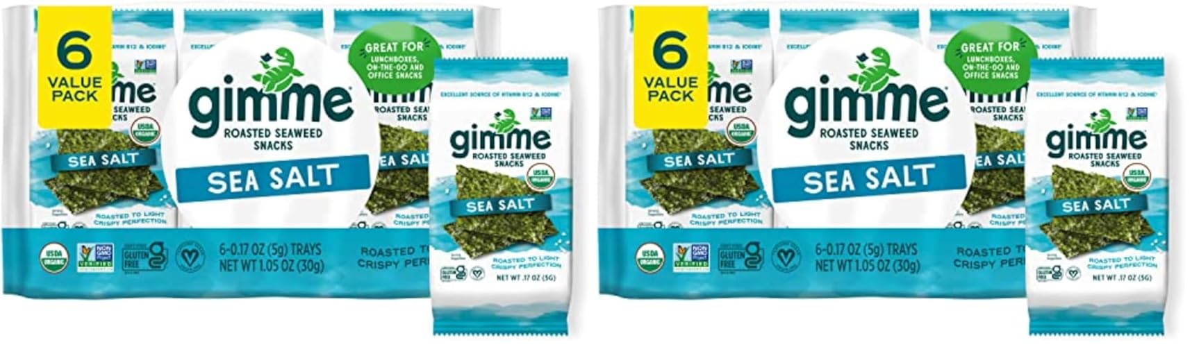 Gimme Seaweed - Sea Salt - 6 Count - Organic Roasted Seaweed Sheets - Keto, Vegan, Gluten Free - Great Source of Iodine & Omega 3’s - Healthy On-The-Go Snack for Kids Adults (Pack of 2) - 6 Count (Pack of 2) - #1 Sea Salt