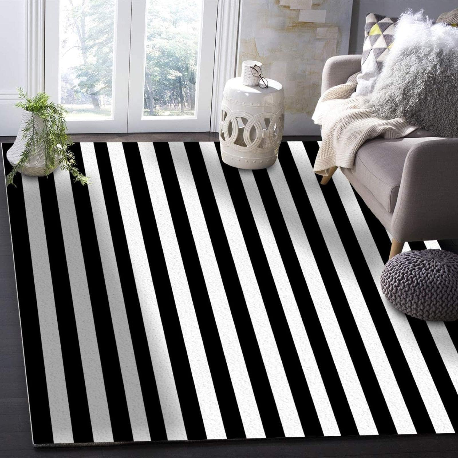 Schwarz-weiße künstlerische Streifen Teppich schwarz und weiß gestreift Bodenteppich, Fußmatte, Wohnzimmer, Heimdekoration, Teppiche für Kinder, Jungen, Mädchen, Schlafzimmer, 100 x 150 cm
