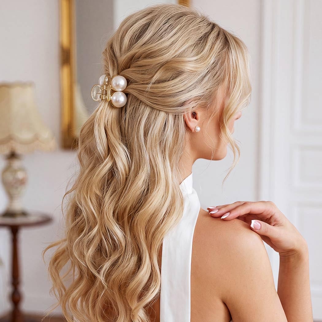 CAKURE Perlen-Haarspangen, kleine Klauenklammern für dünne Haar-Accessoires für Frauen (Weiß, Set 2)