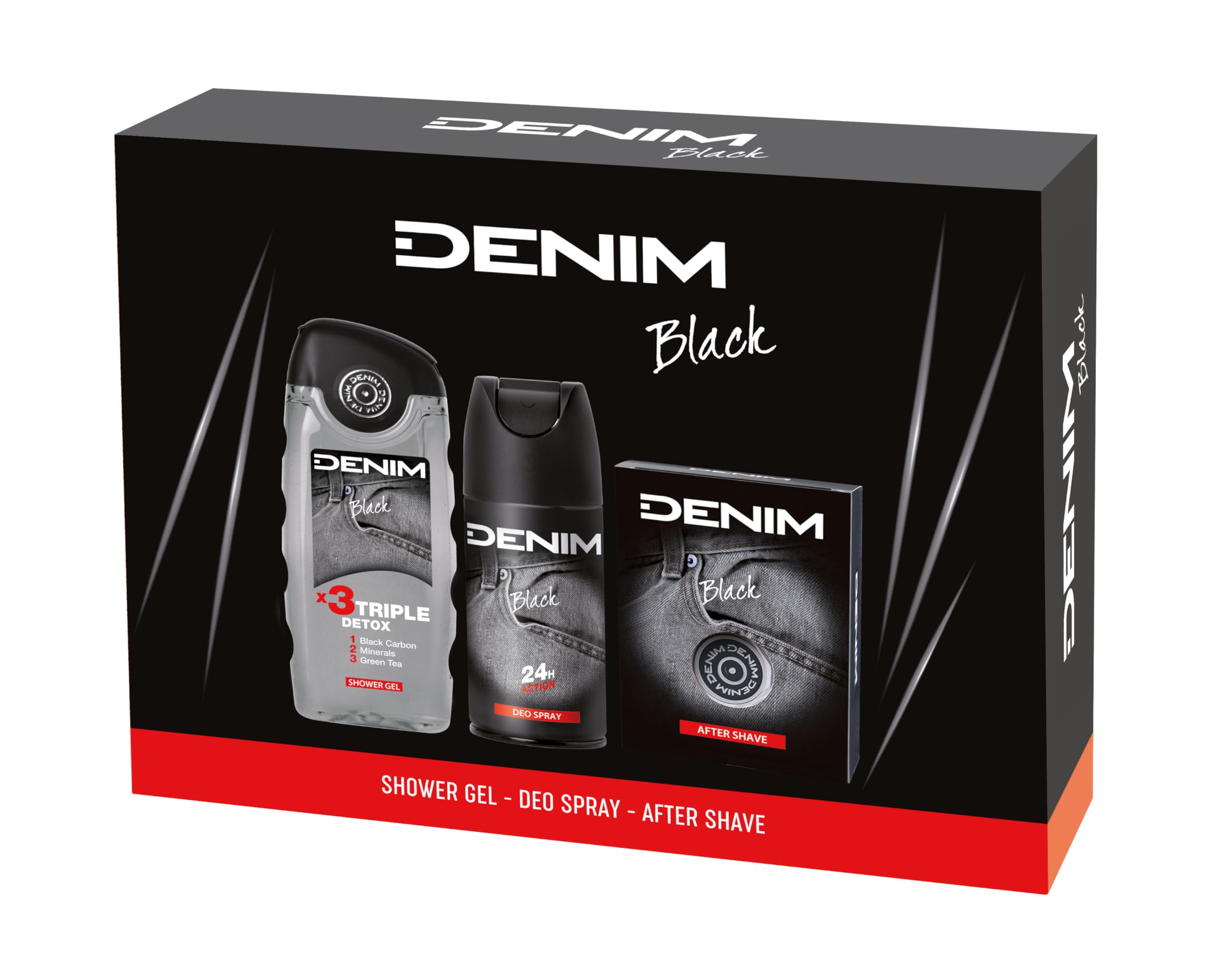 Denim - Regalo Uomo, After Shave Dopobarba 100 ml, Docciaschiuma 250 ml e Deodorante Spray 150 ml, Fragranza Black, Azione Lenitiva ed Emolliente