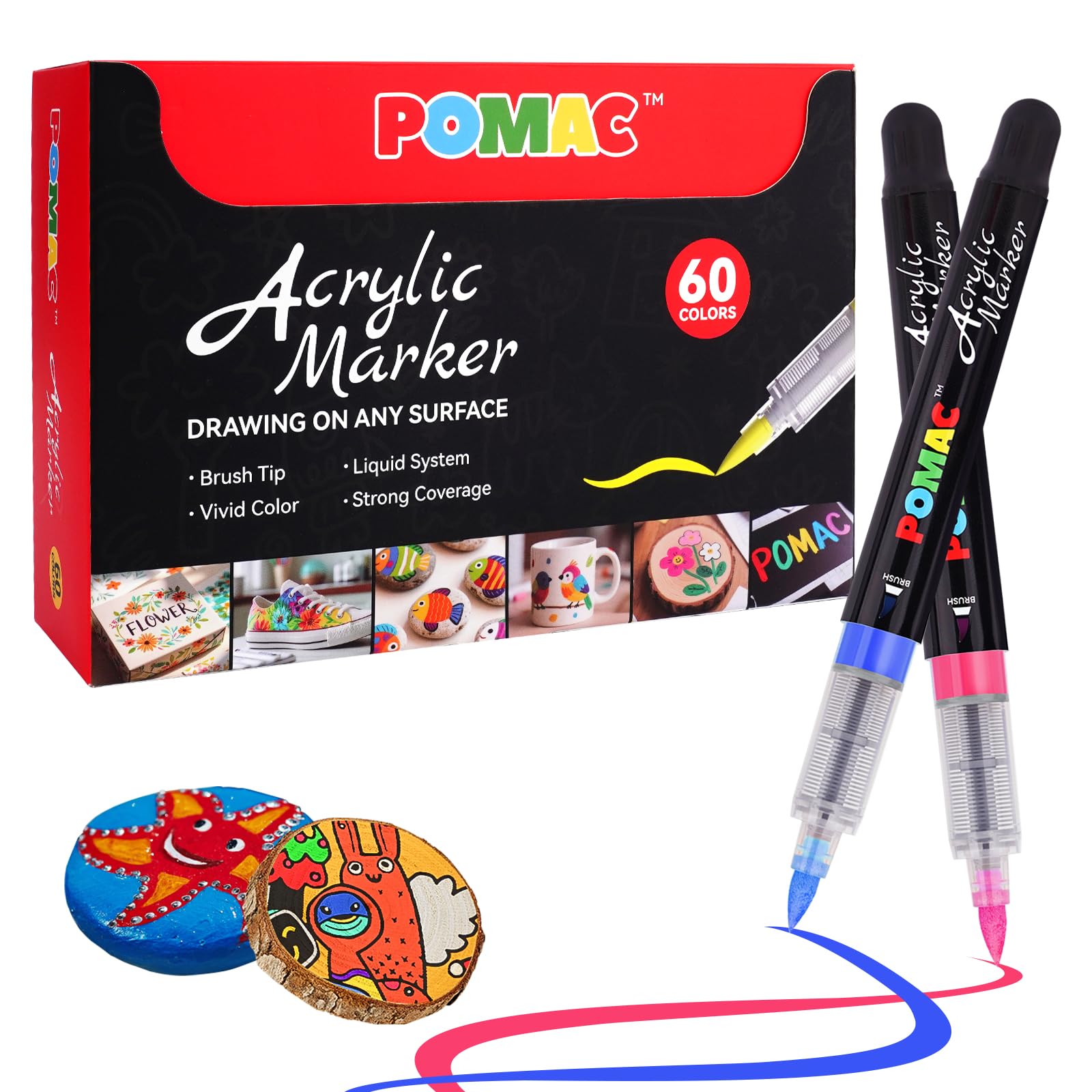 POMAC 60 couleurs Marqueurs de peinture acrylique, stylos à peinture acrylique à base d'eau avec pointe de brosse, stylos de peinture liquide pour art, dessin, tissu, toile, roche, verre, bois, papier