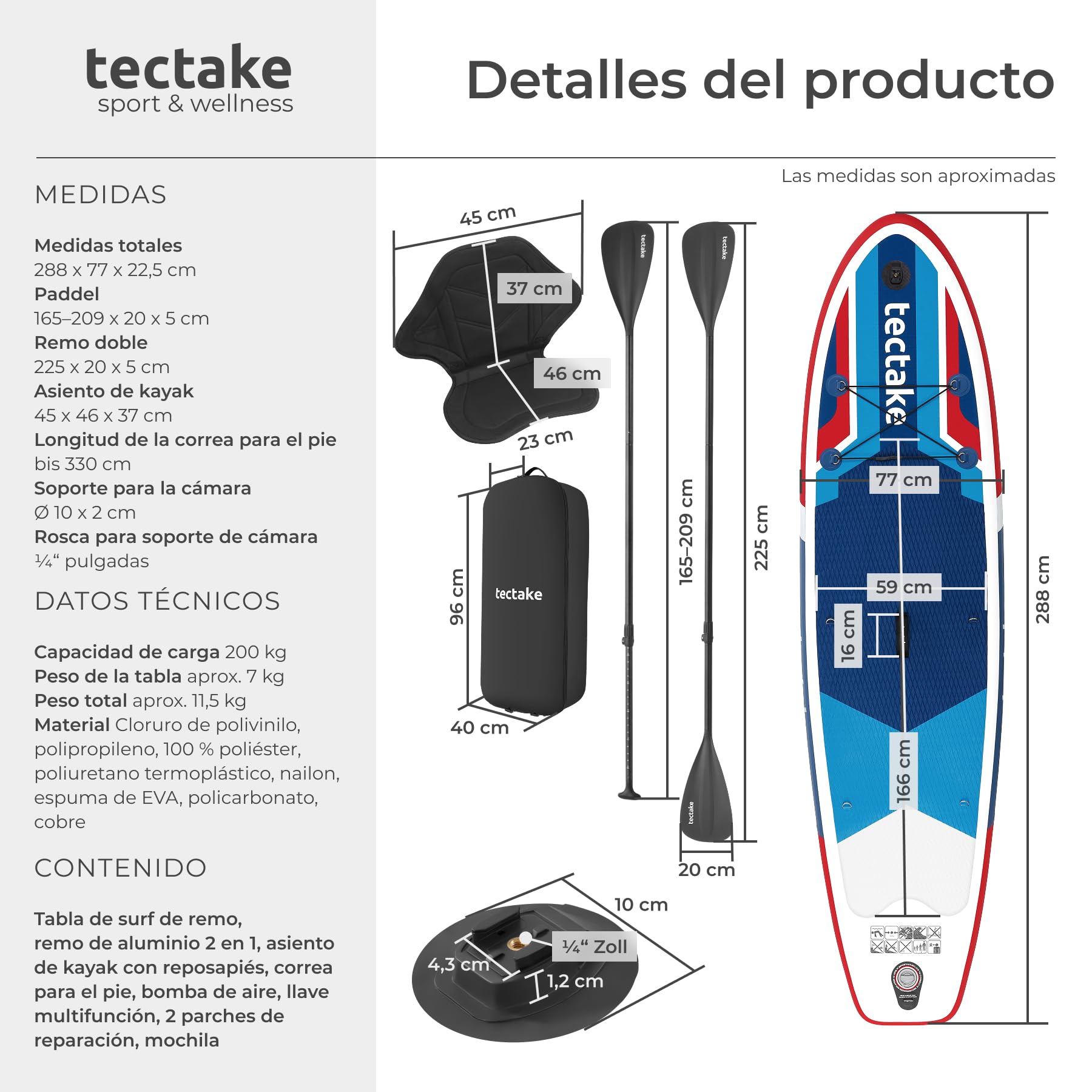 tectake® Tabla Paddle Surf Hinchable, 200 kg, Asiento Kayak, Soporte Cámara | Asiento de Kayak, Capacidad 200 kg, Antideslizante, Drop-Stitch, 288 cm, Resistente, Ligero, Remo Ajustable, SUP, Rojo/Azul