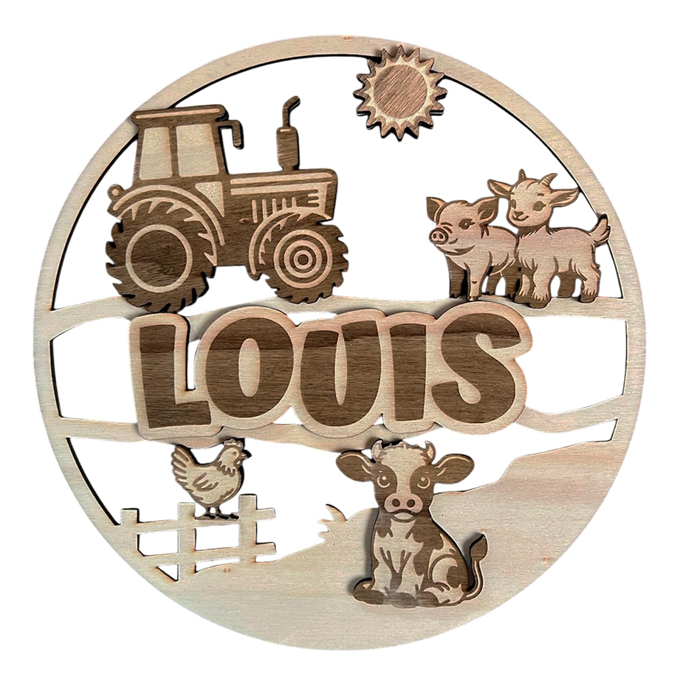 Plaque prénom enfant en bois 20 cm décor ferme avec tracteur gravé