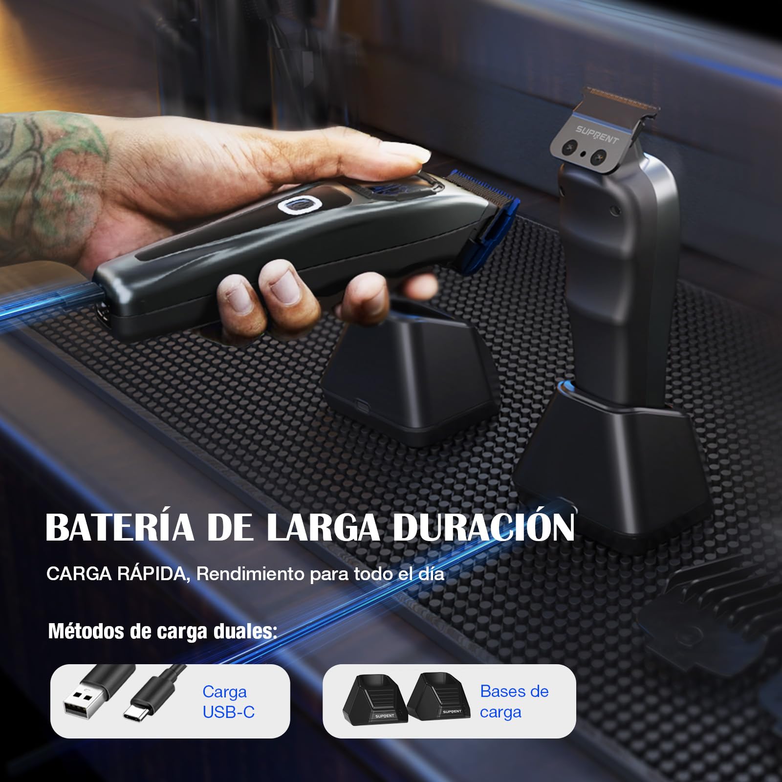 SUPRENT Maquina Cortar Pelo Profesional-Kit de Maquina de Cortar Pelo Hombre Inalámbrico con Cuchilla Fade Recubierta de Titanio, Peines guía Magnéticos, Estación de Carga (Gris)