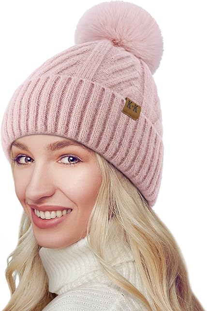 Bobble Hat Women - Winter Fleece Lined Beanie Hats Ladies Thermal Knitted Wooly Hats Cable Knit Hats with Pom Pom