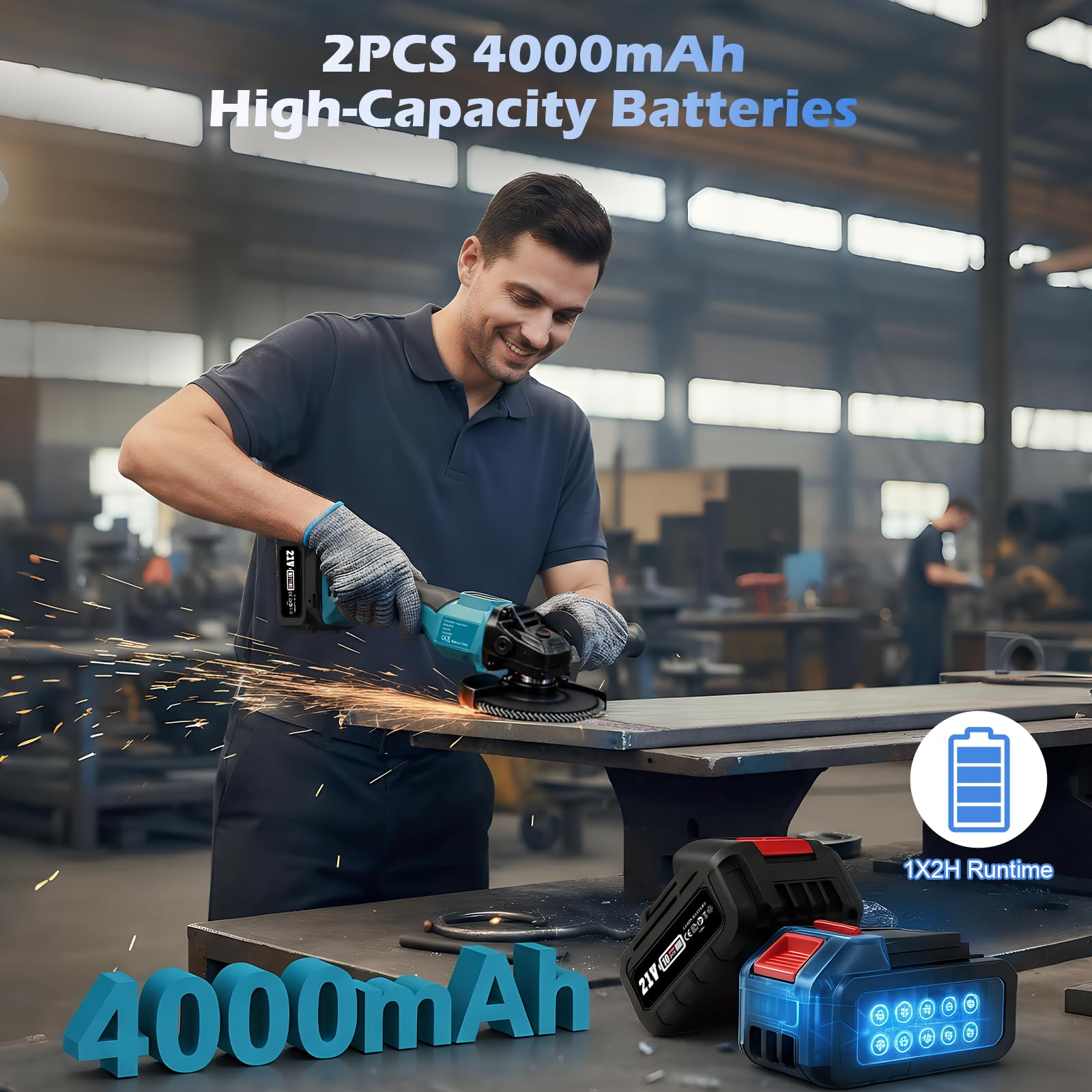 Smerigliatrice angolare senza fili, 800 W, 21 V, senza spazzole, con 2 batterie da 4,0 Ah, diametro del disco 125 mm, 9000 giri/min, per dischi da taglio, dischi lamellari per taglio e levigatura